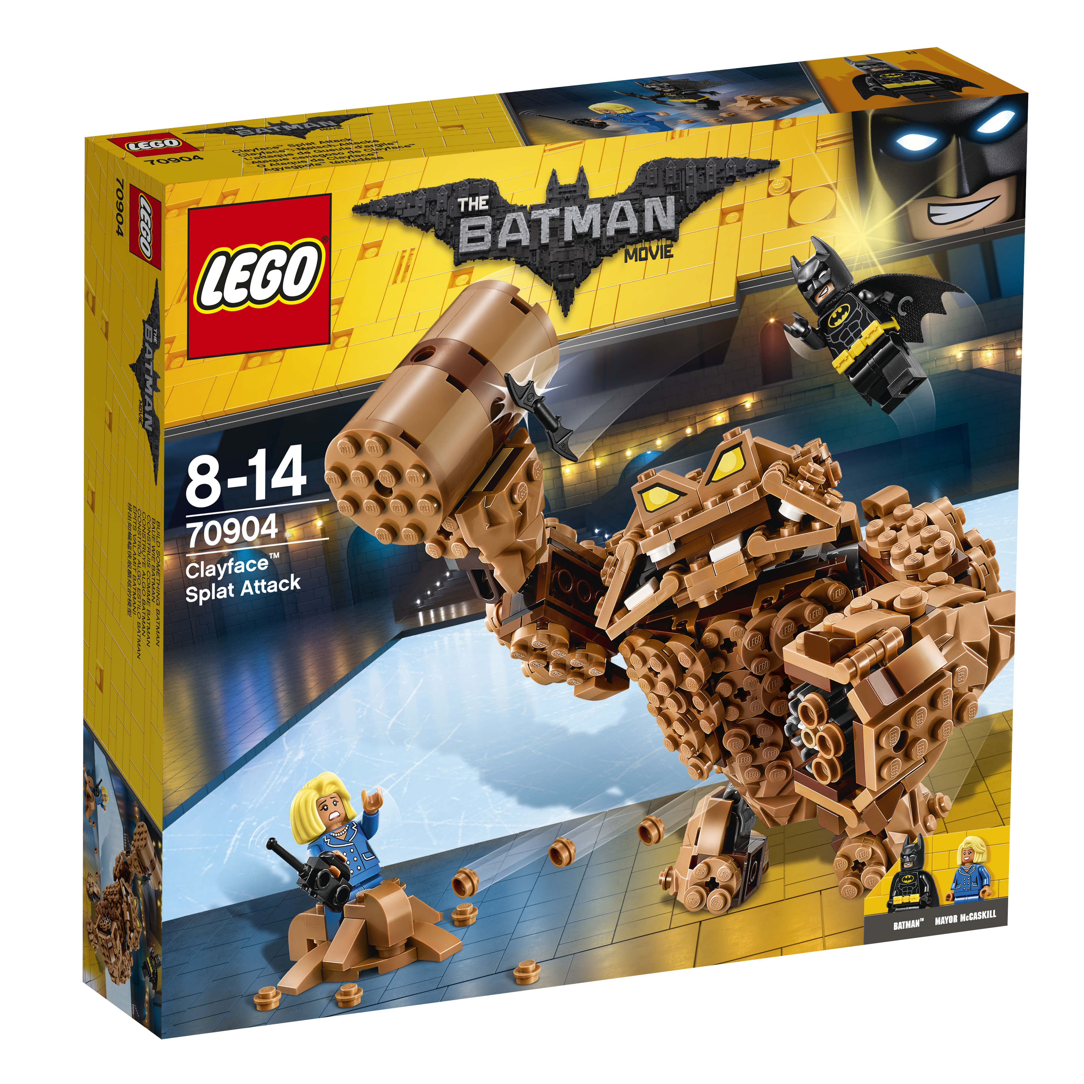 Pudełko Lego z zestawu Clayface Splat Attack. Pokazuje figurkę Clayface'a i Batmana na lodzie.