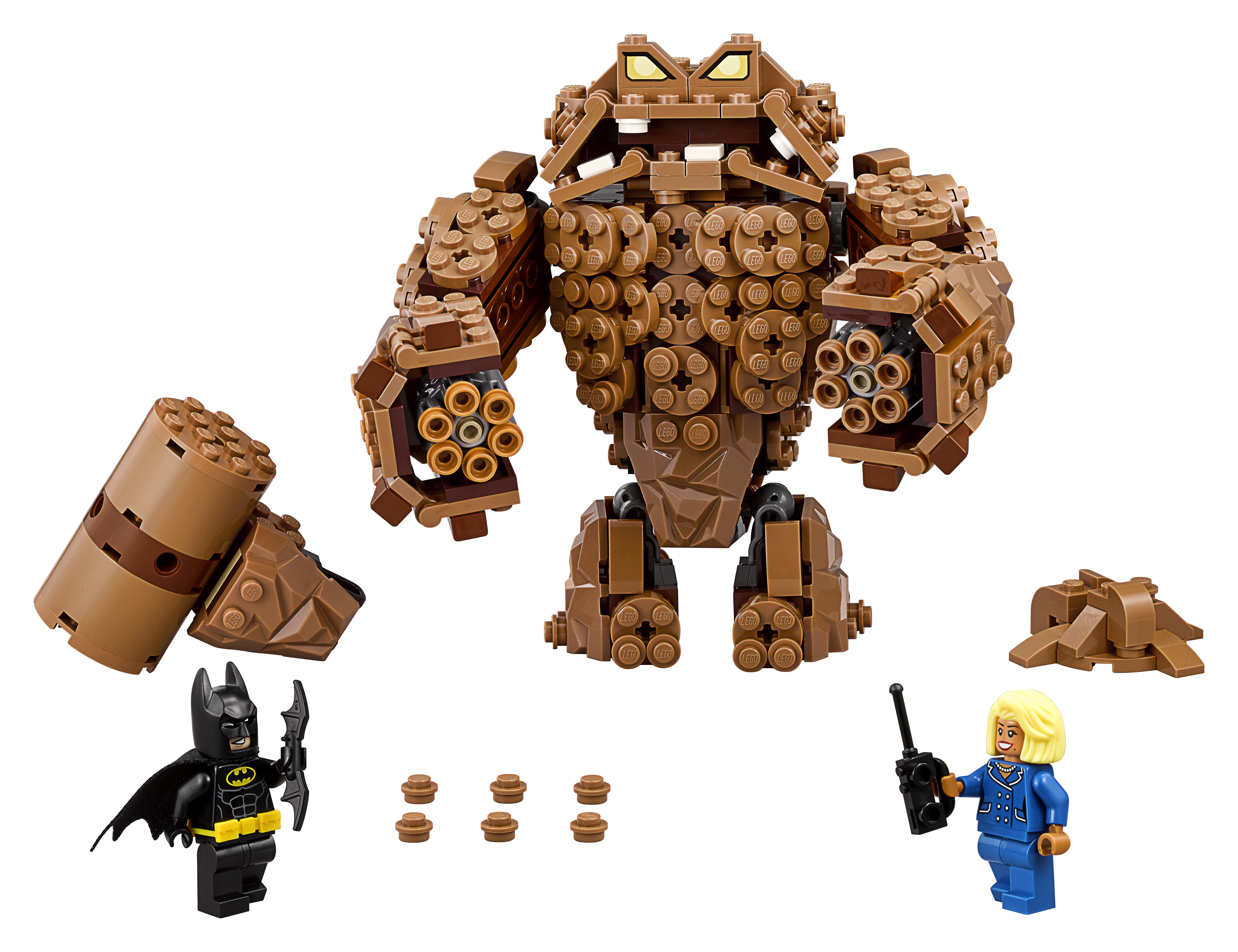 Figurka Lego Clayface i Batmana oraz kobieta. Clayface brązowy, Batman czarny, kobieta niebieska. Klocki Lego.