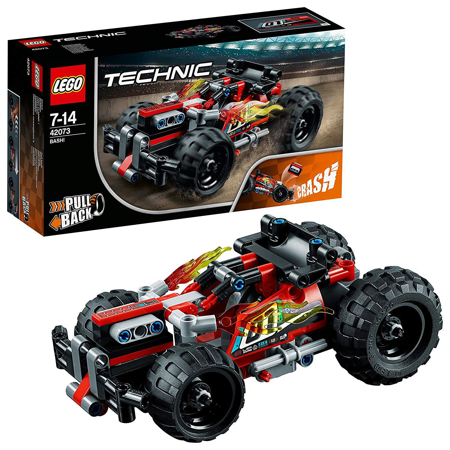 Zestaw LEGO Technic z czerwono-czarnym samochodem wyścigowym z funkcją pull-back.