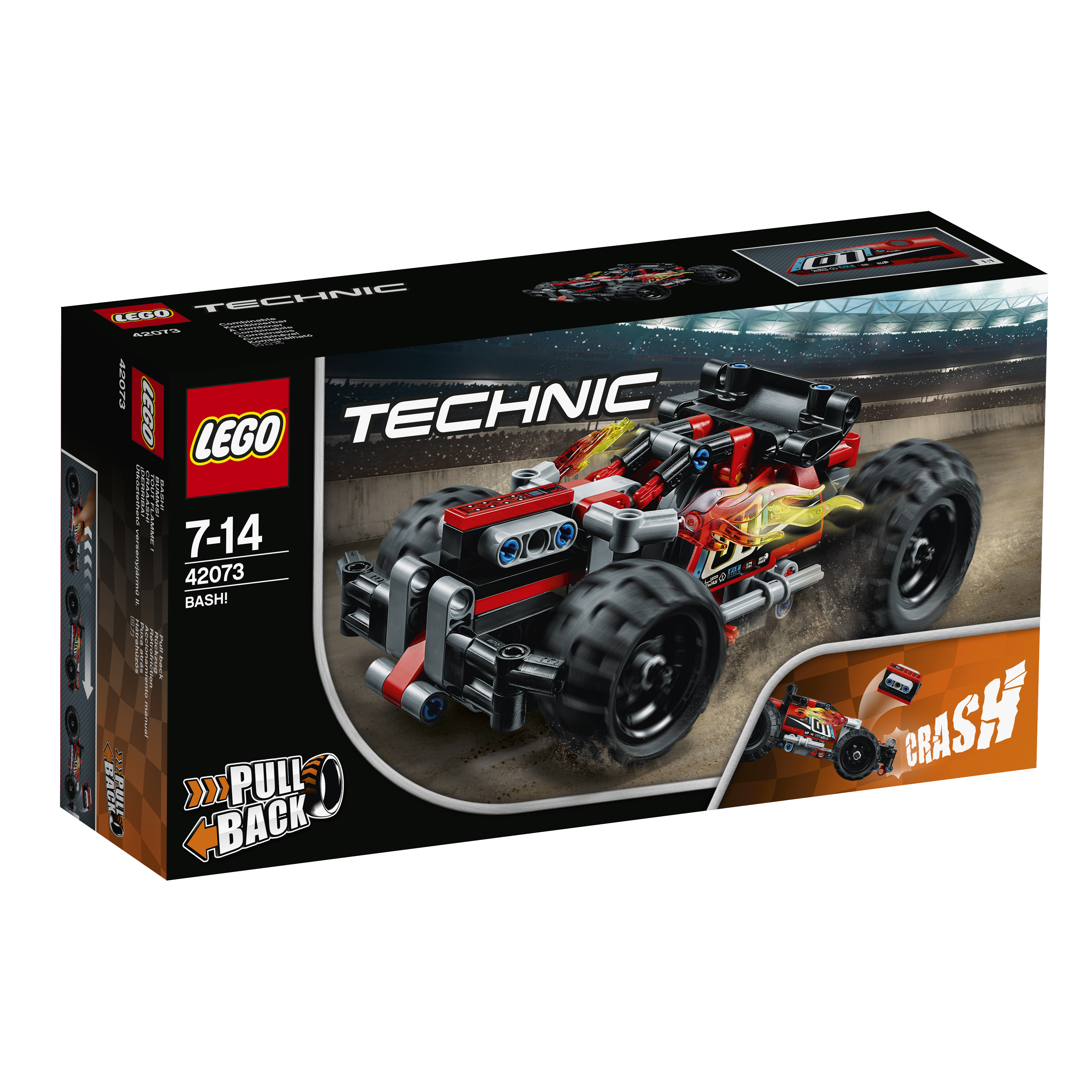 Zestaw Lego Technic z modelem czerwono-czarnego samochodu wyścigowego. Pudełko przedstawia model i scenę wypadku.