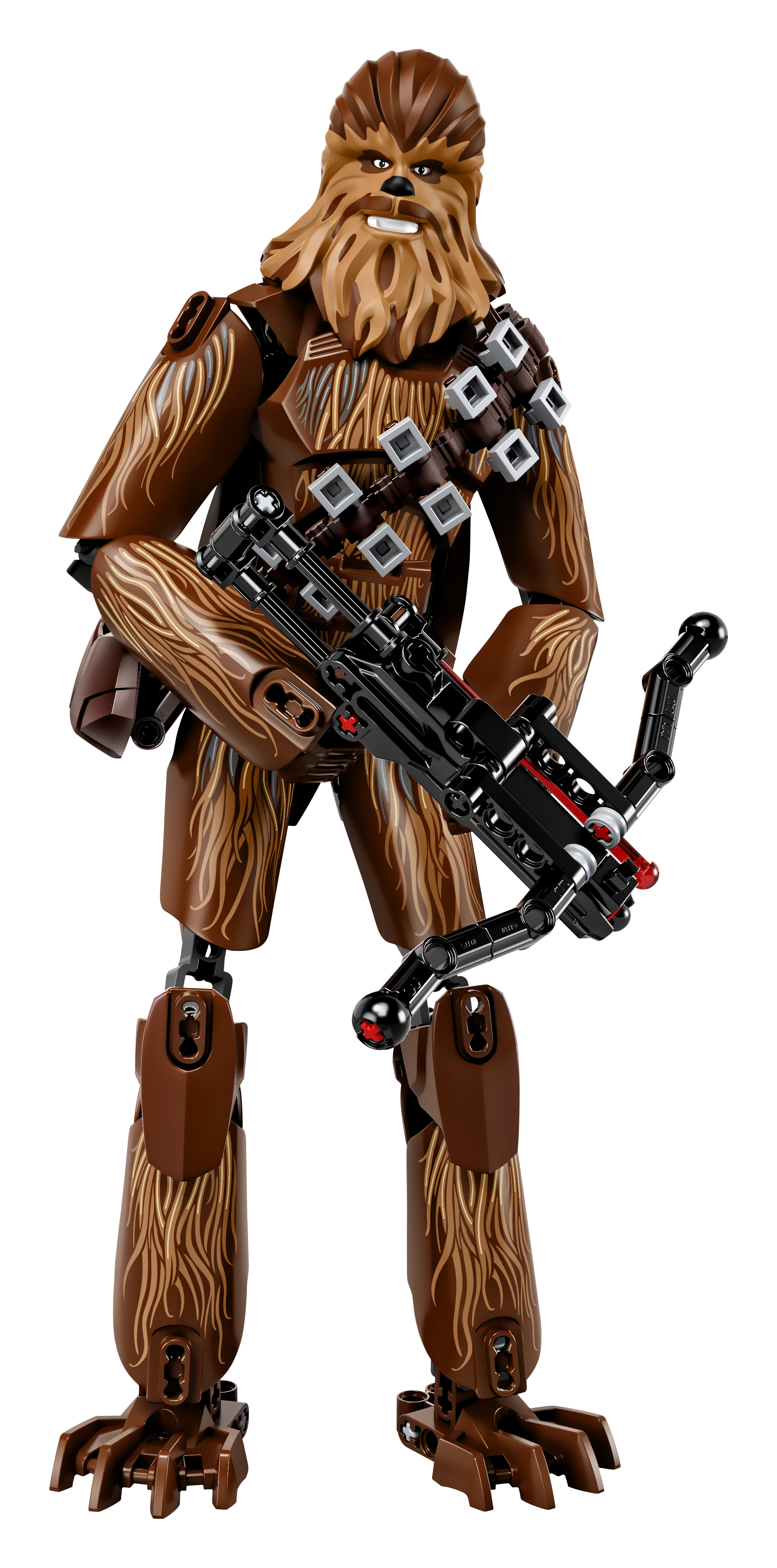 Figura Lego di Chewbacca con una balestra. La figura è marrone con dettagli simili a pelliccia marrone.