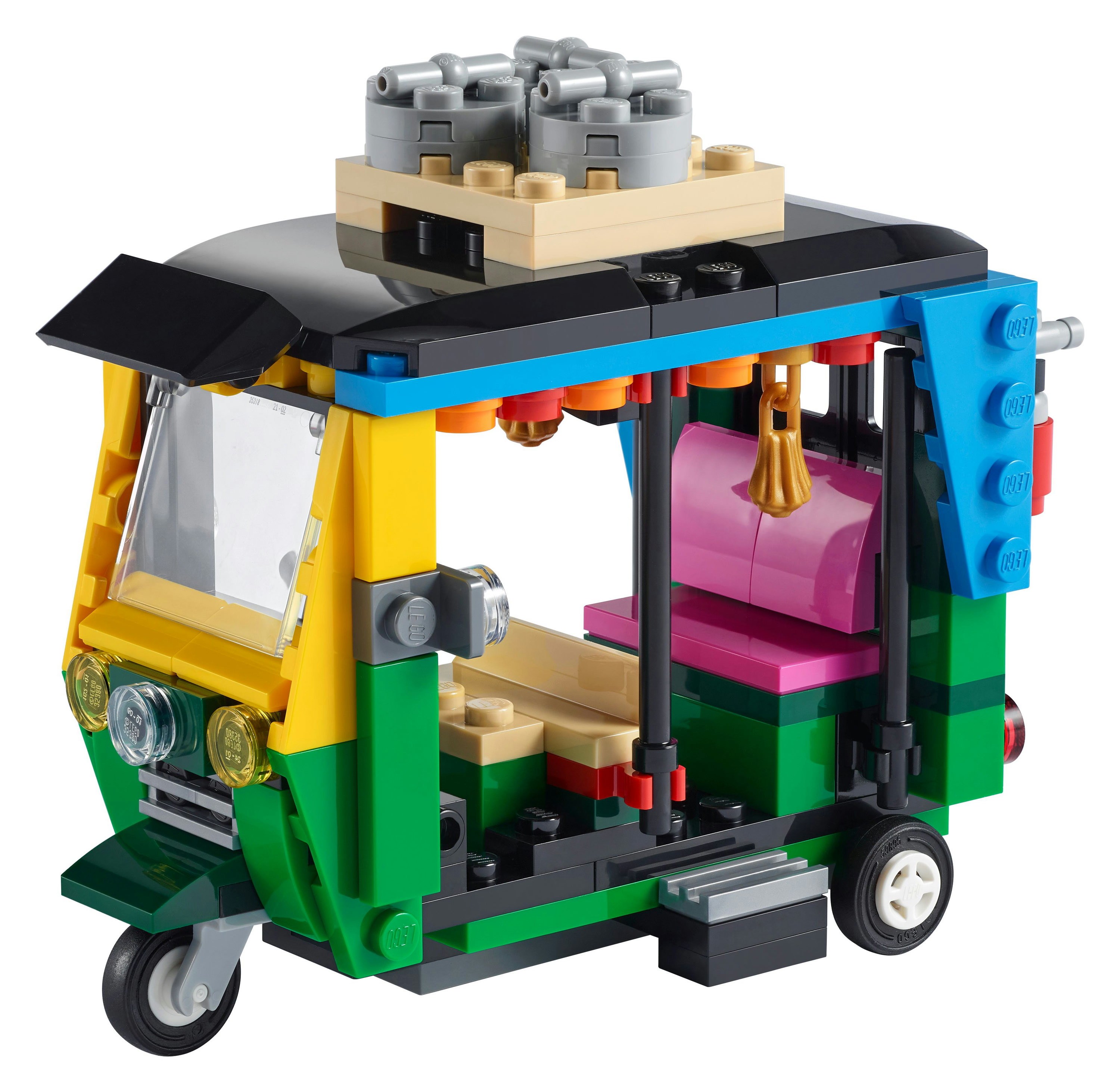 Set LEGO Tuk-Tuk con un design colorato e un piccolo carretto gelati.