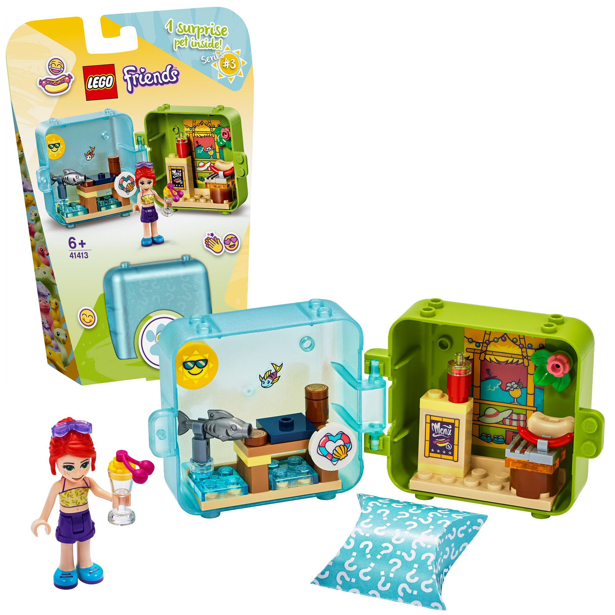 LEGO Friends-set: minifiguren, doos met strandscènes en accessoires.