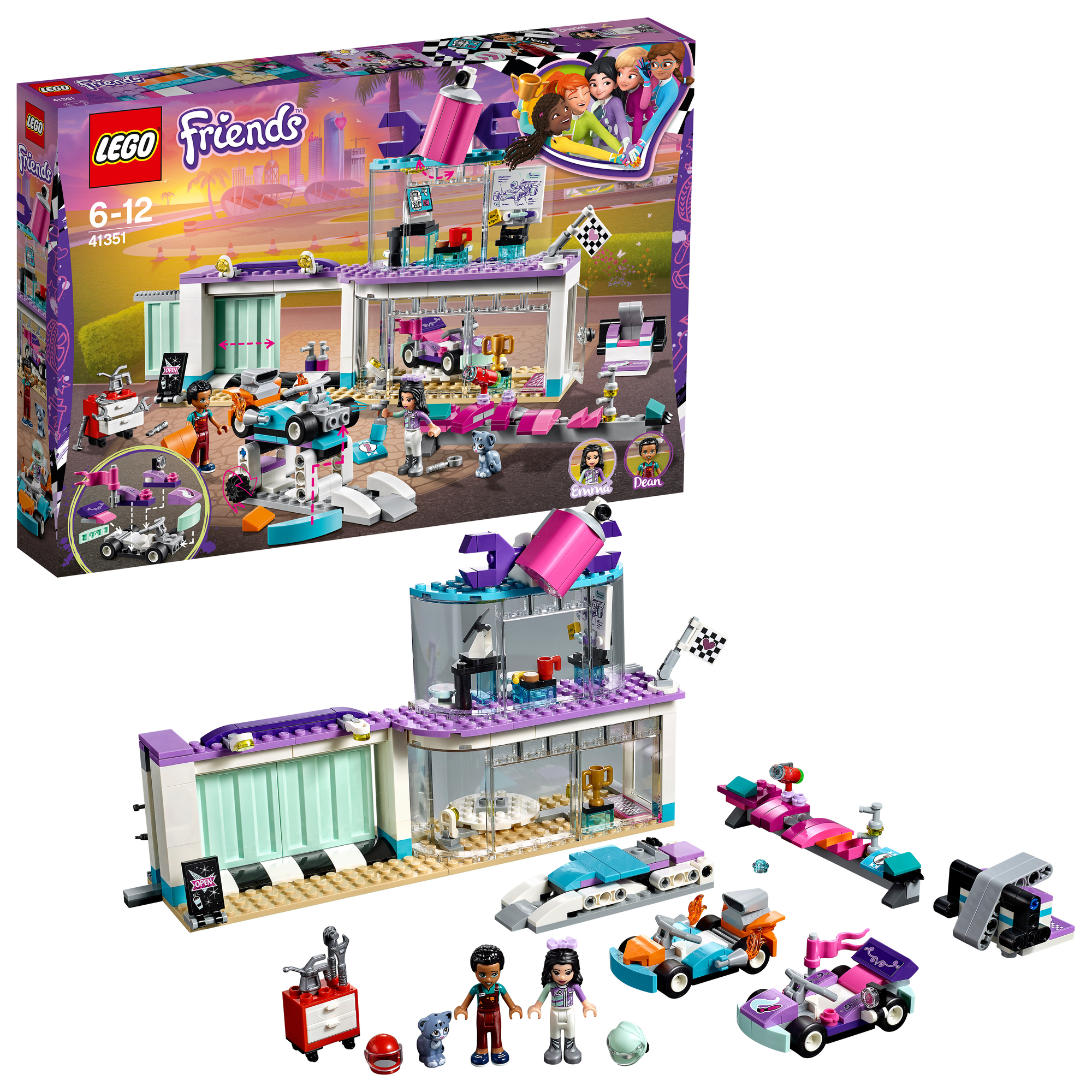 Zestaw Lego Friends. Zawiera garaż z samochodami, narzędziami i minifigurkami, z motywem wyścigowym.
