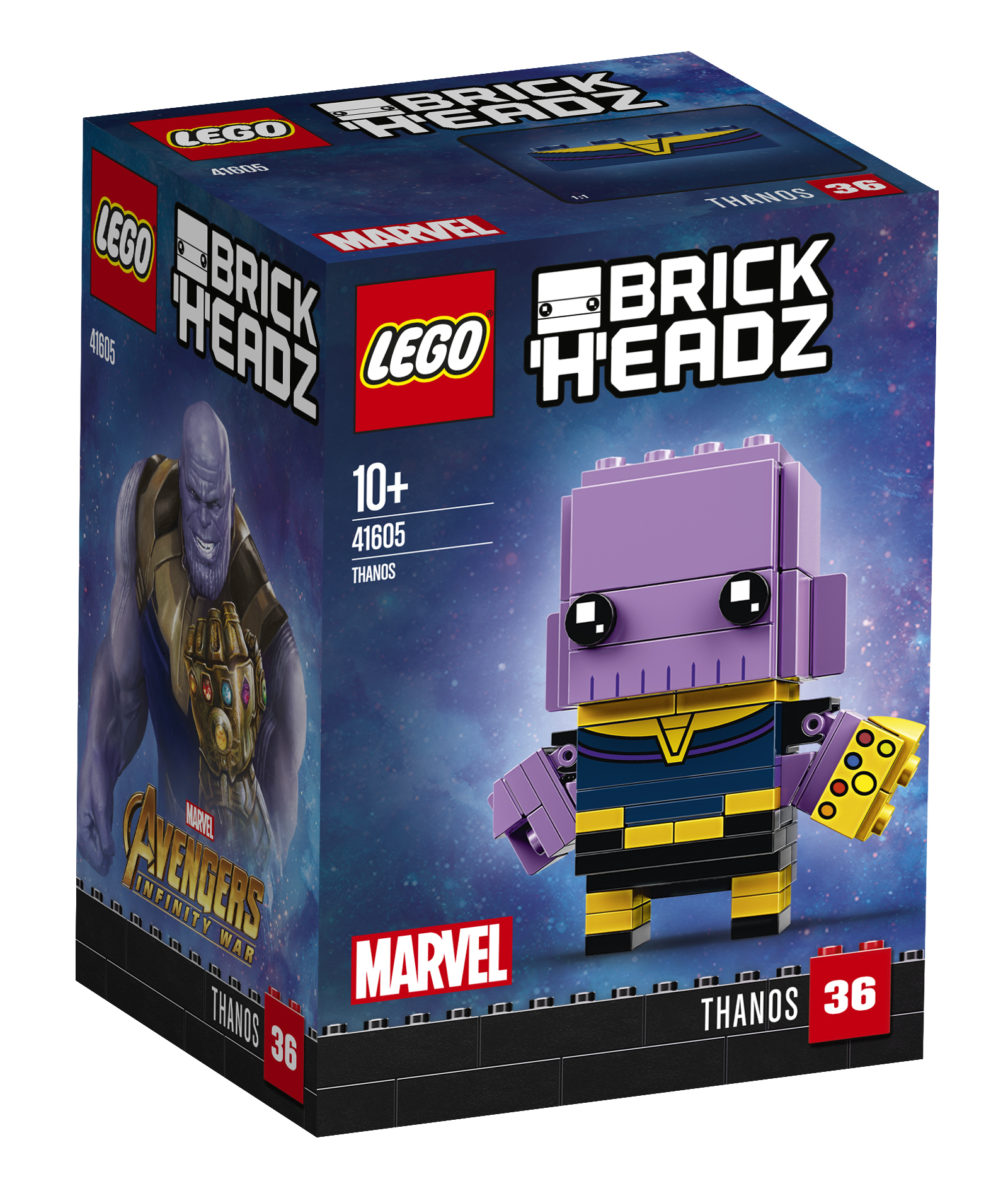 Scatola LEGO BrickHeadz: personaggio Thanos, viola e giallo, tema Marvel.