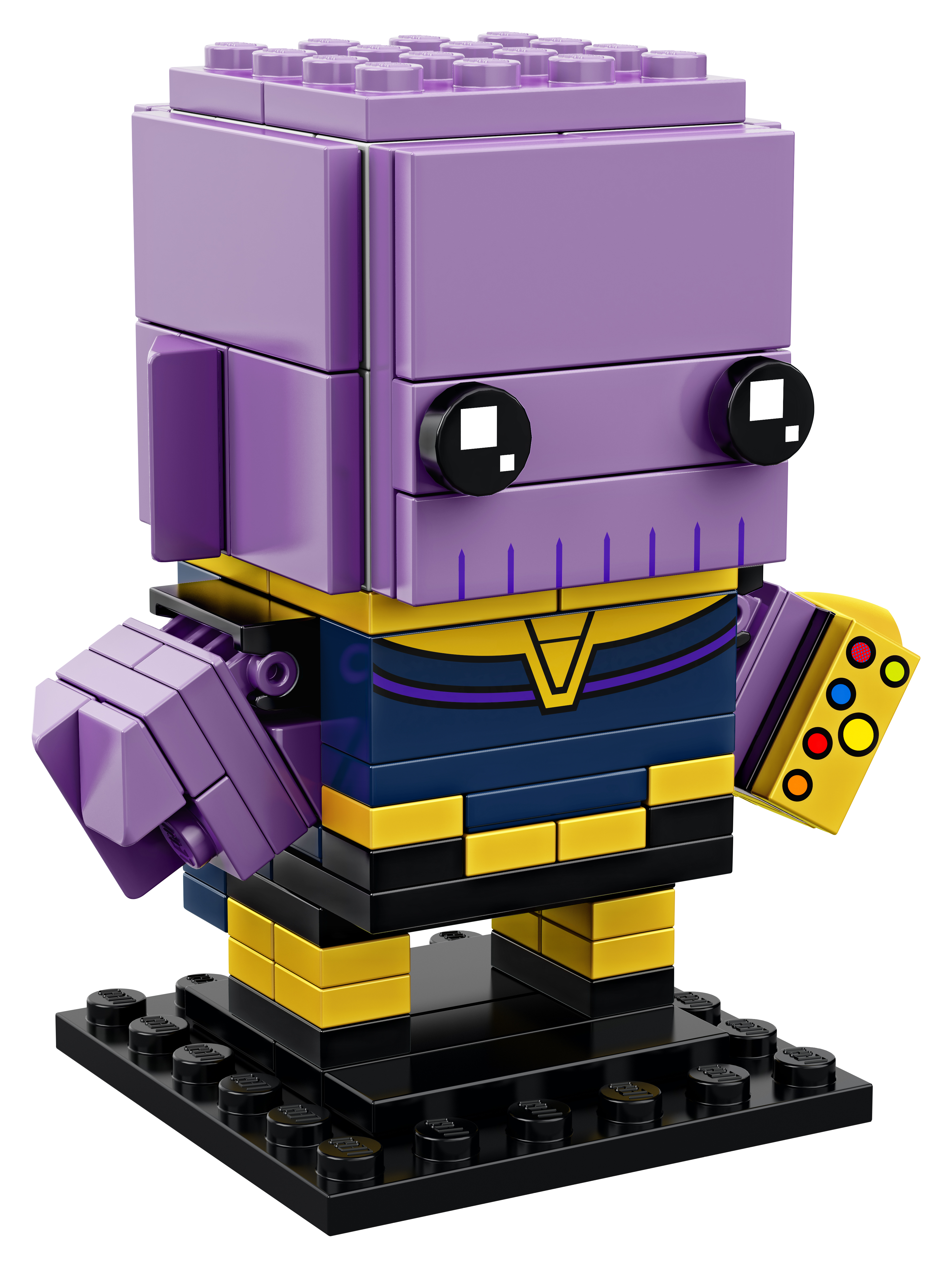 Set Lego Thanos BrickHeadz. Statuetta di Thanos su una base nera. Colori viola, giallo e blu.