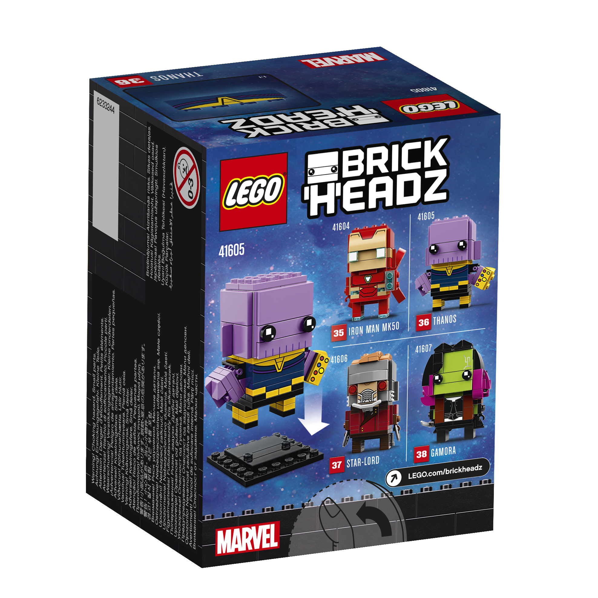 Scatola Lego BrickHeadz con Thanos, Iron Man, Gamora, Star-Lord e altri personaggi Marvel.