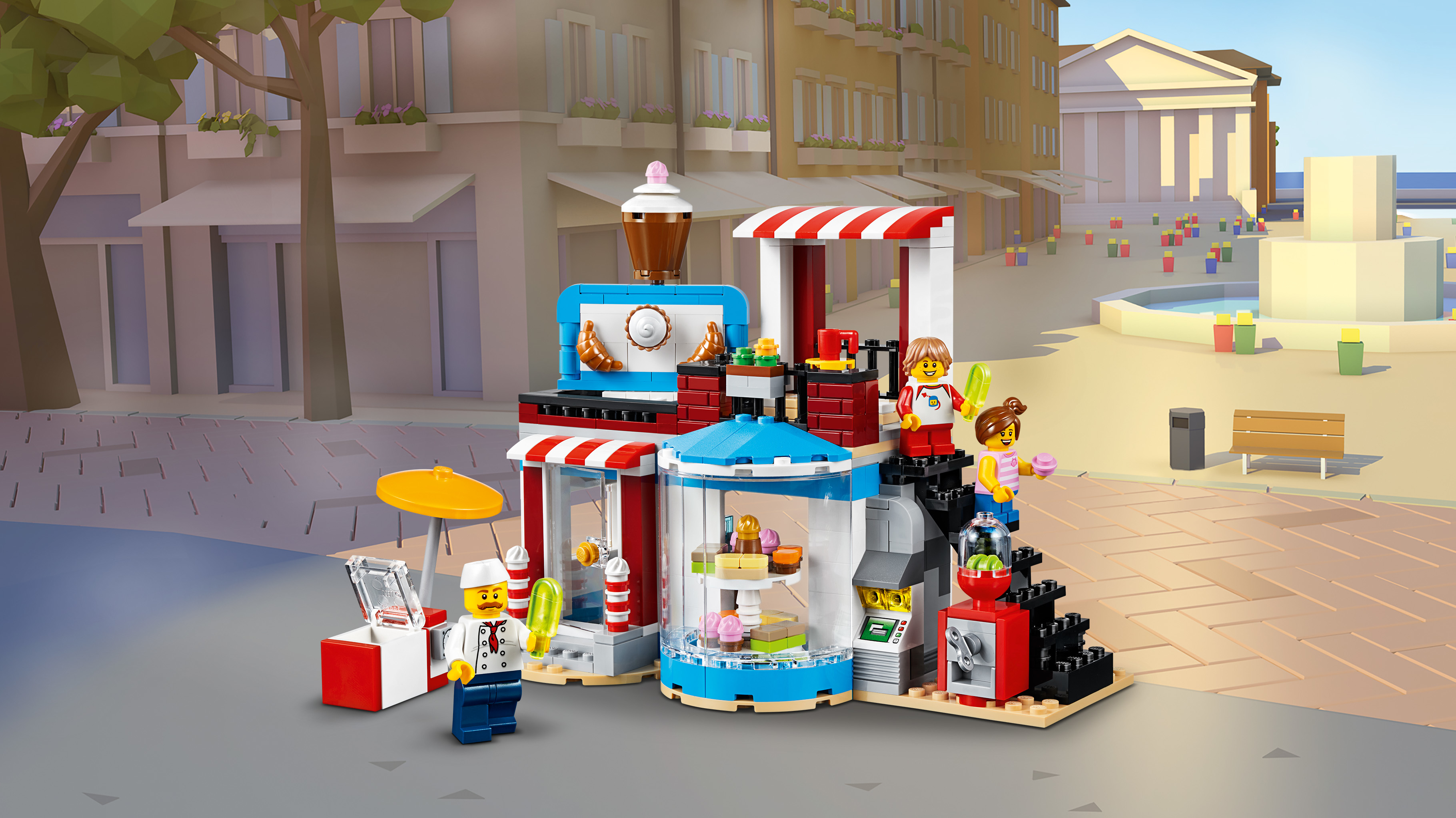 Zestaw Lego kolorowej piekarni. Zawiera figurki i różne produkty spożywcze. Tłem jest miasto.