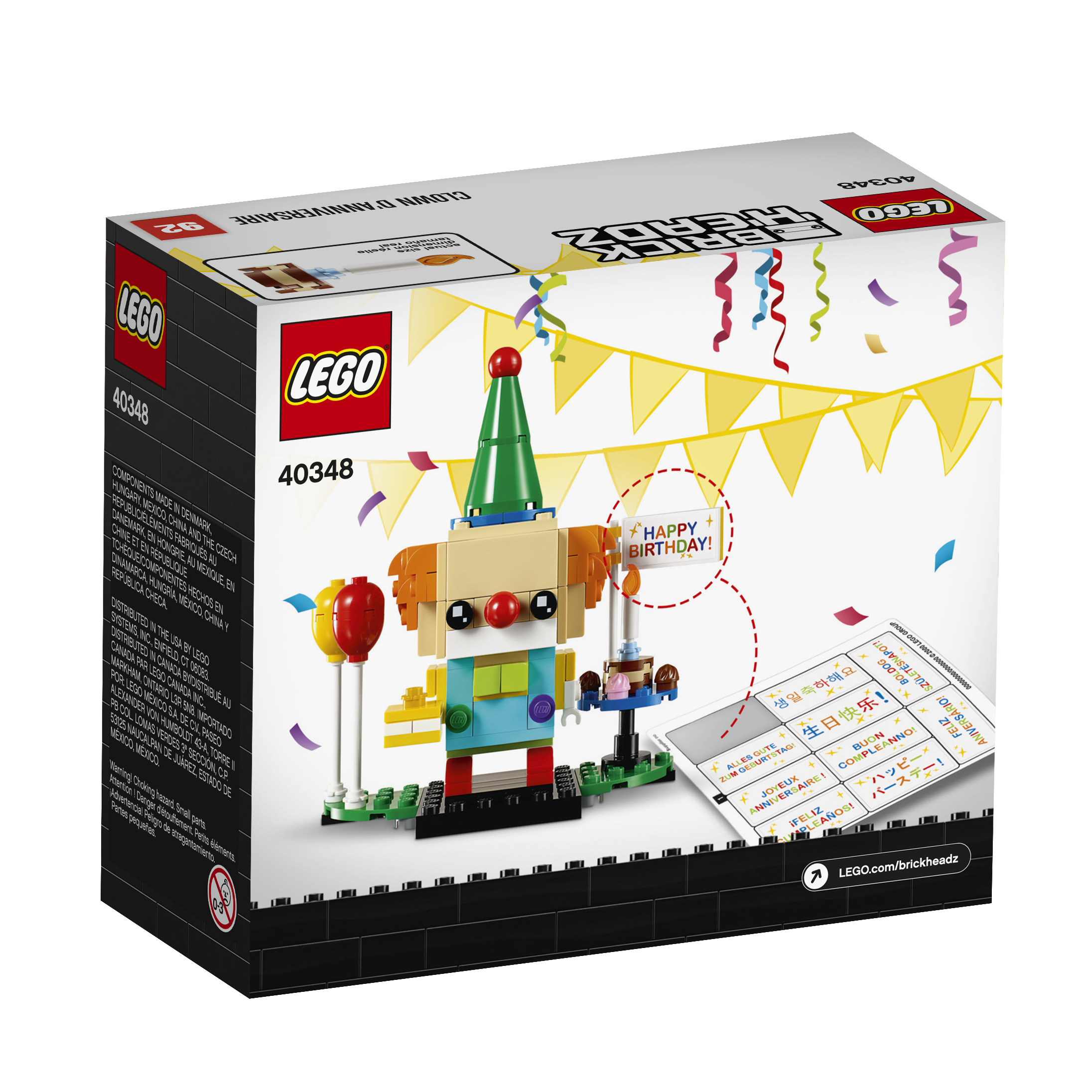 Achterkant van een Lego verjaardagsset doos. Inclusief een clown, confetti en verjaardagsboodschappen in verschillende talen.
