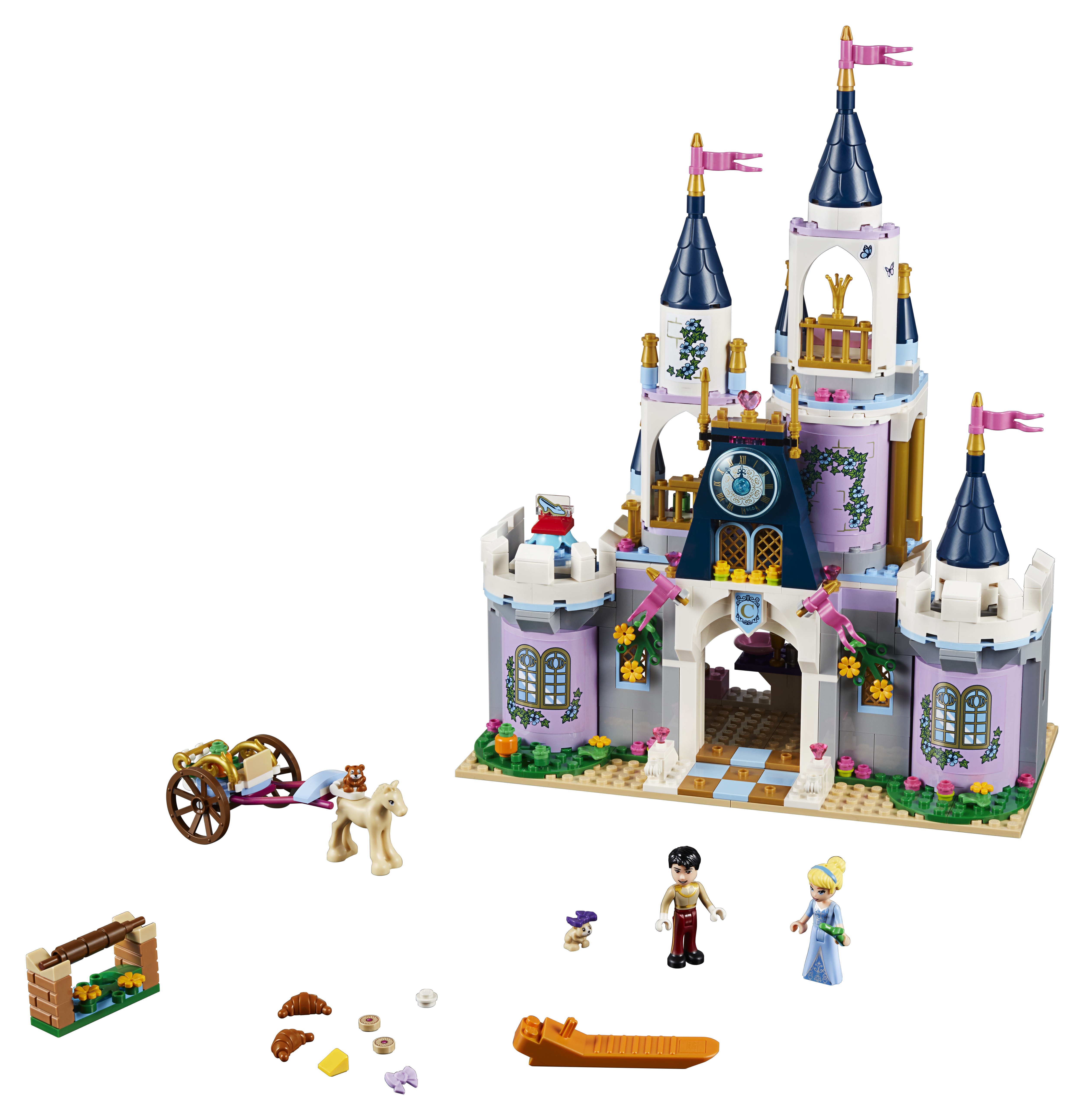 Set castello Lego. Include castello, personaggi, carrozza trainata da cavalli e accessori su sfondo bianco.