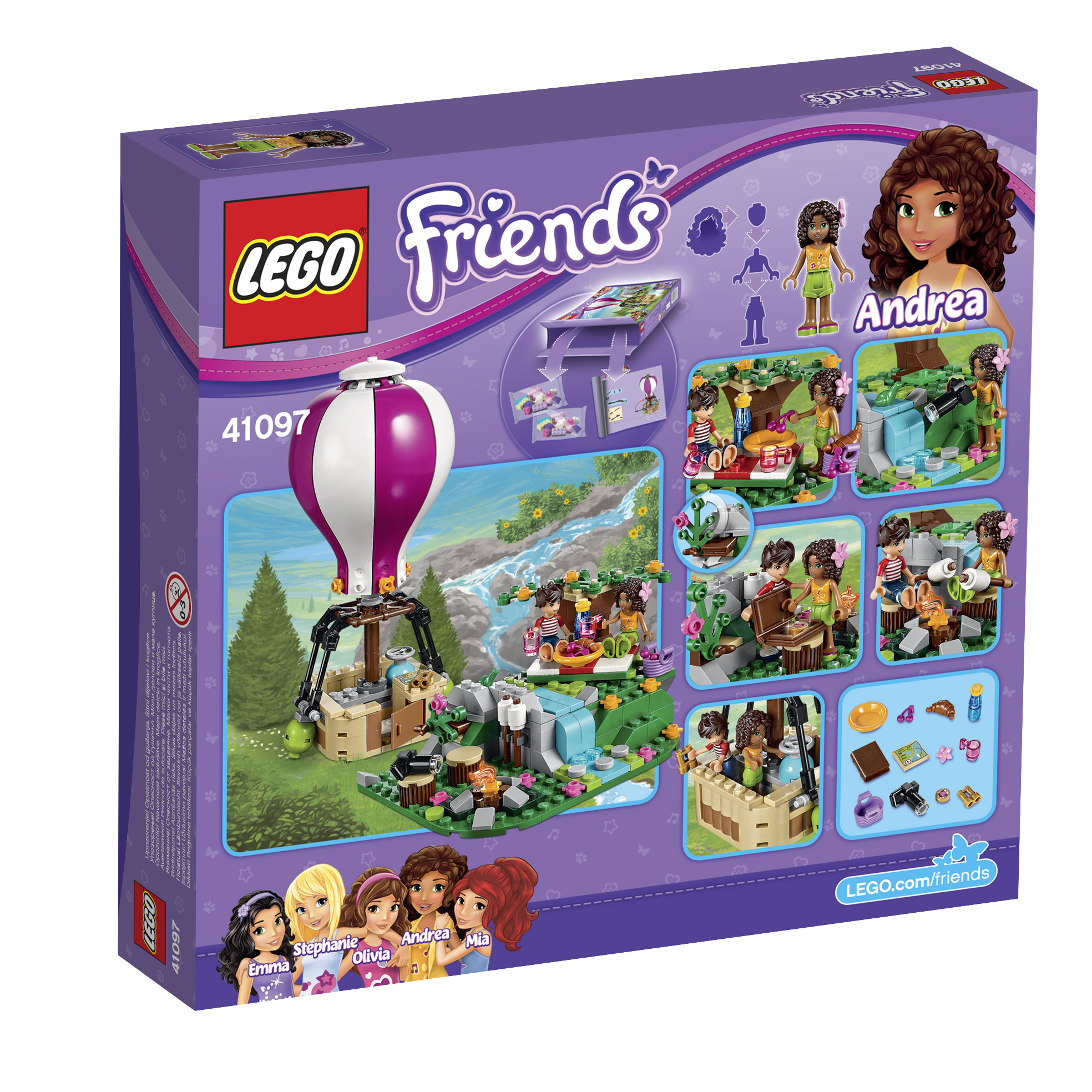 Pudełko LEGO Friends: balon na gorące powietrze, figurki i malownicze tło.
