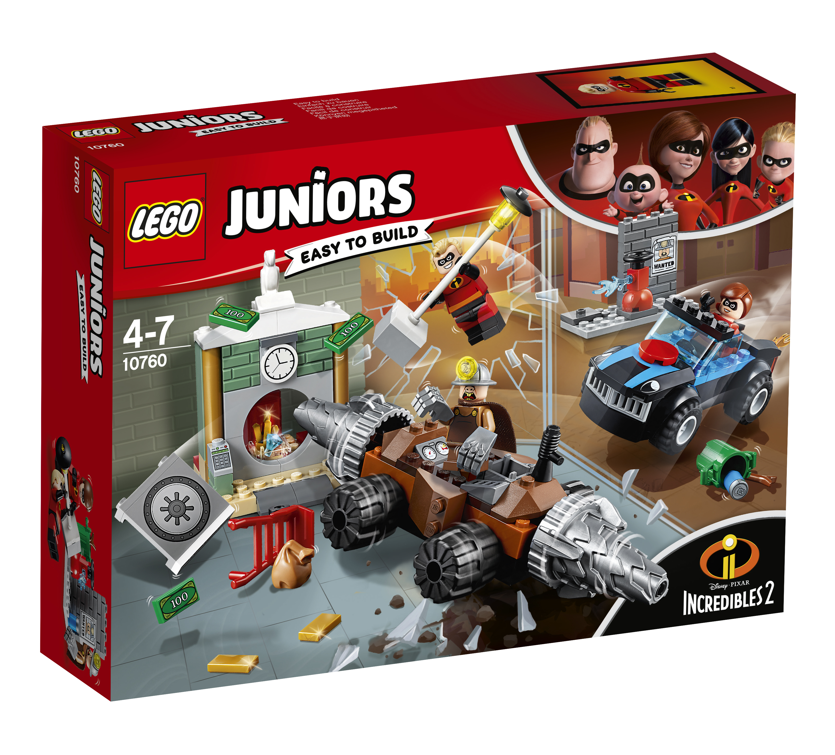 Set Lego Juniors con una cassaforte, un camion blindato e un'auto con i personaggi degli Incredibili e una scena di rapina.