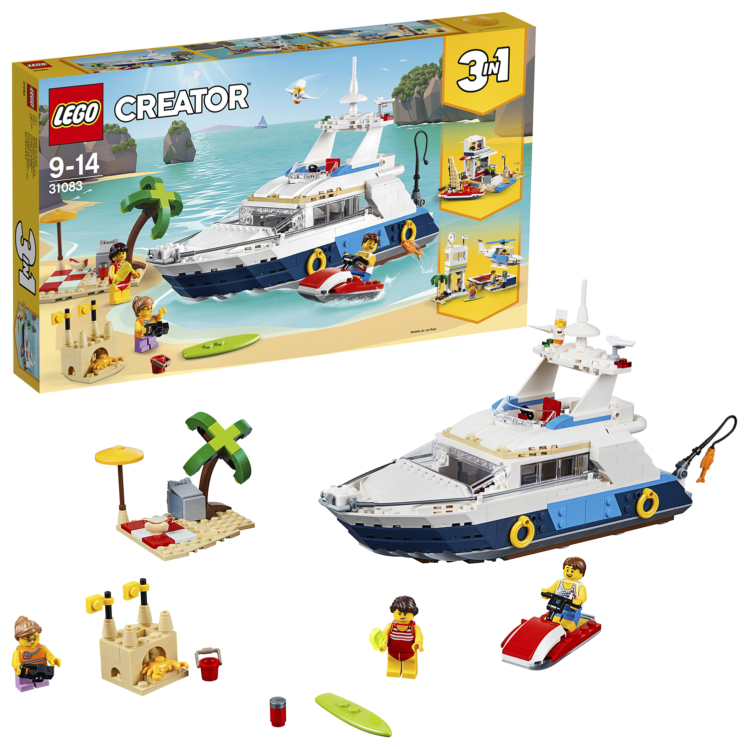 Lego Creator doos met een jacht, een klein eiland en een jetski. Er zijn verschillende mini-figuren inbegrepen.