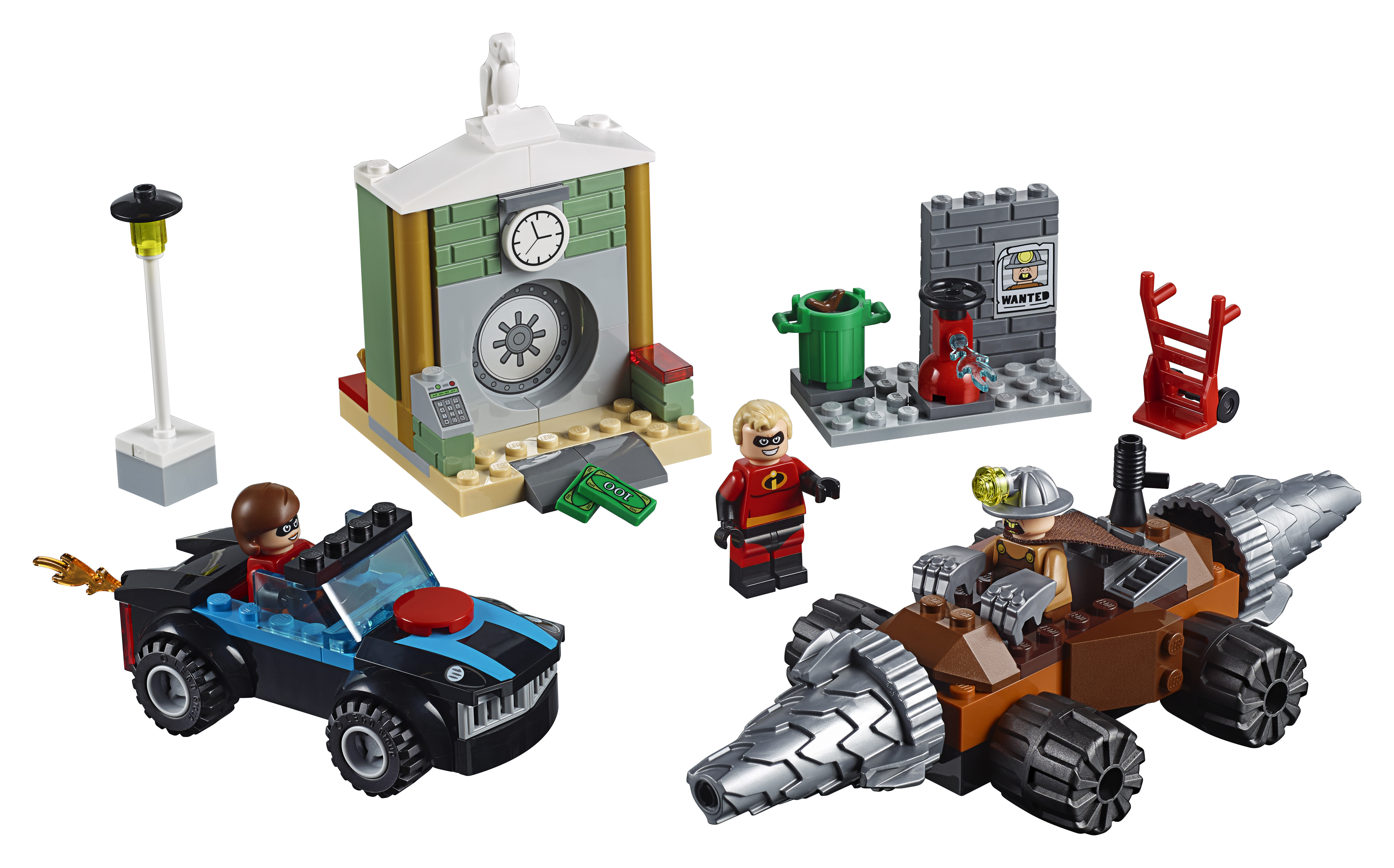 Set Lego Incredibles 2. Include una banca, un'auto e le statuette di Mr. Incredible e un minatore.