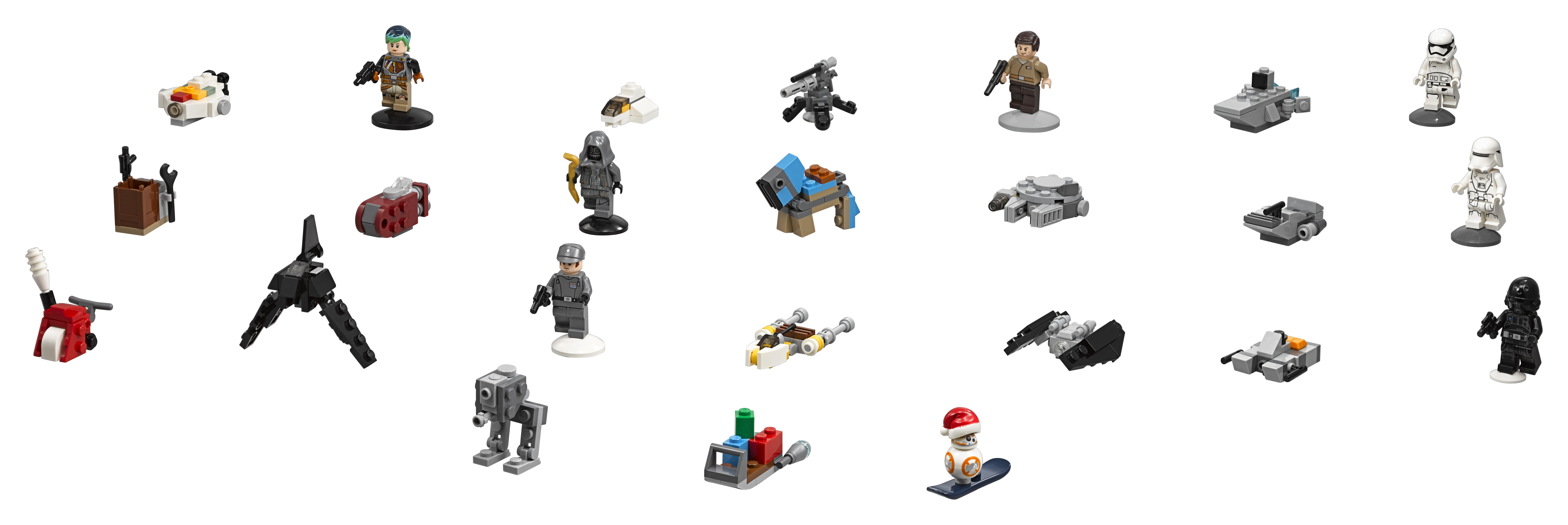 Figurki i pojazdy Lego Star Wars na białym tle.