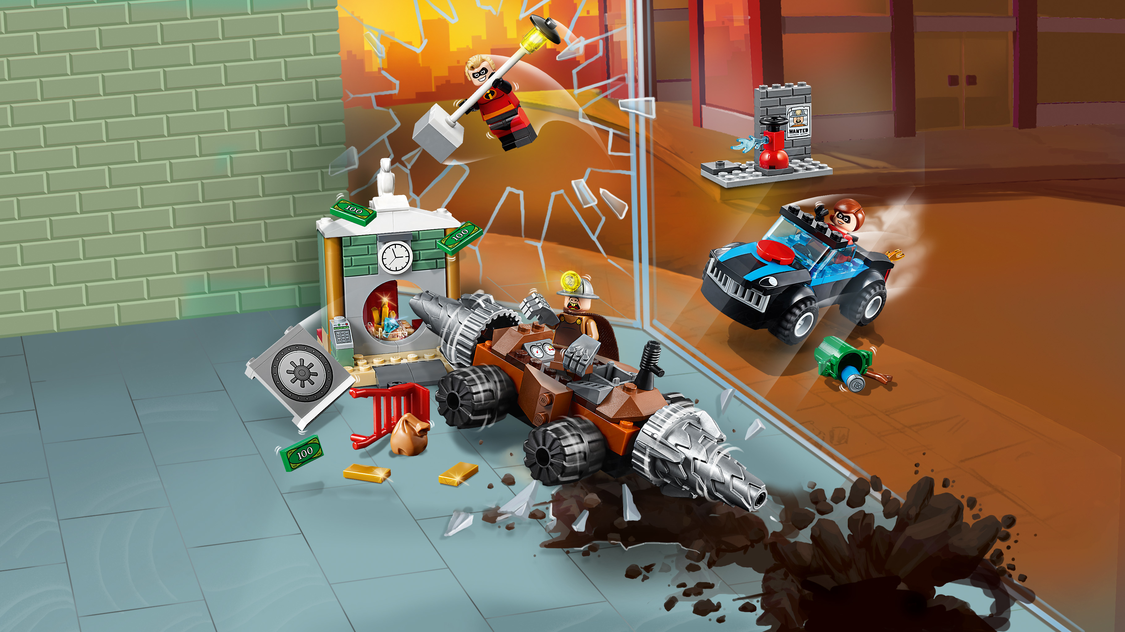 Set LEGO di una scena di rapina in banca, con trapano, auto e personaggi. Vetro rotto e denaro visibili.