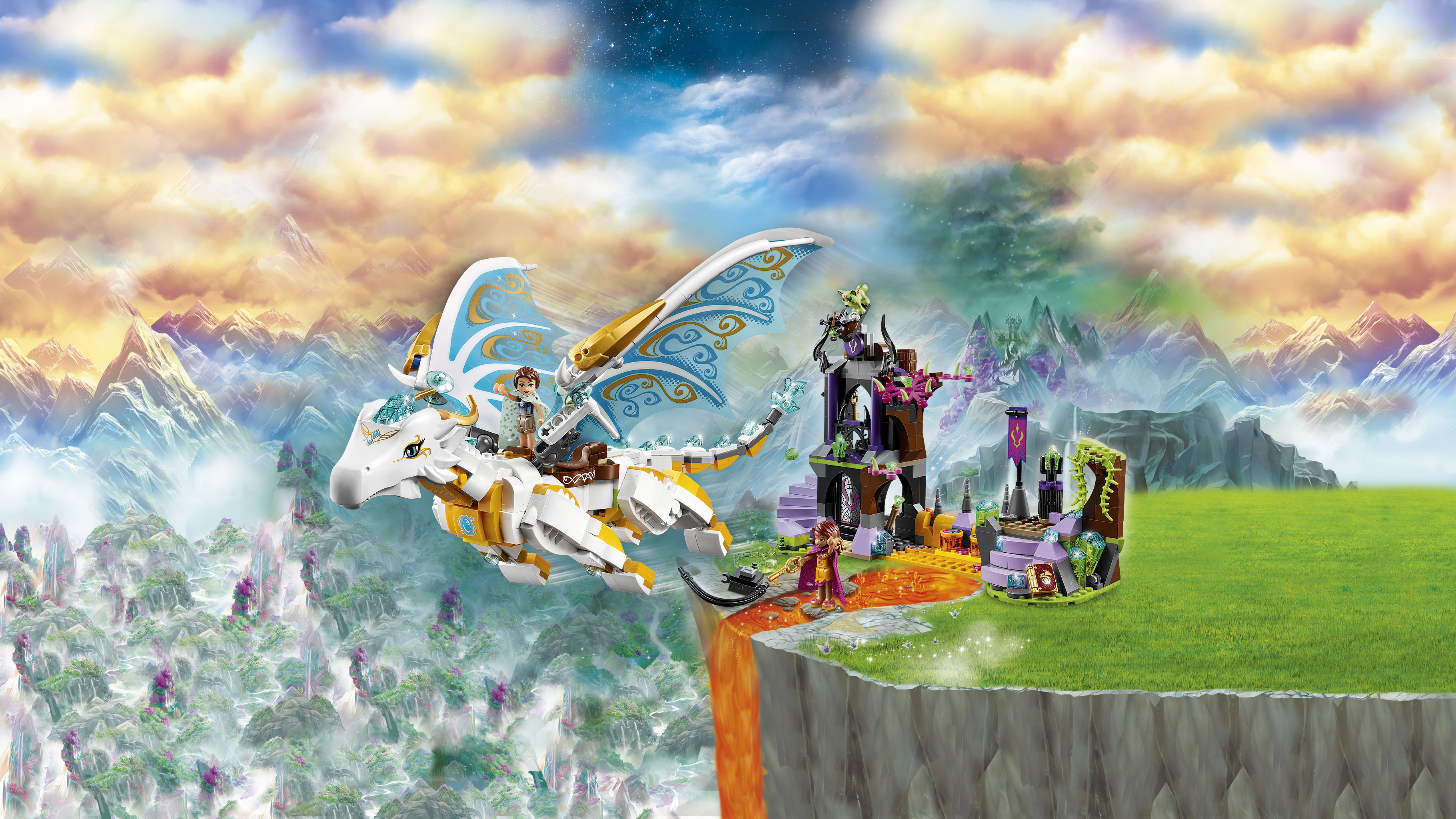 Zestaw LEGO Elves ze smokiem lecącym nad rzeką lawy w kierunku zamku. Zawiera postacie i krajobraz.