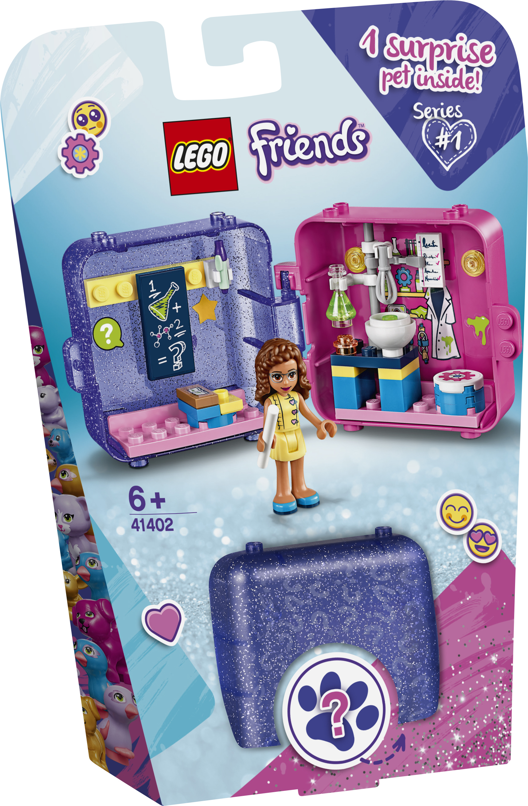 Bir bavul, bir mini figür ve sürpriz bir evcil hayvan içeren Lego Friends seti. Sahne bir laboratuvarın içinde.