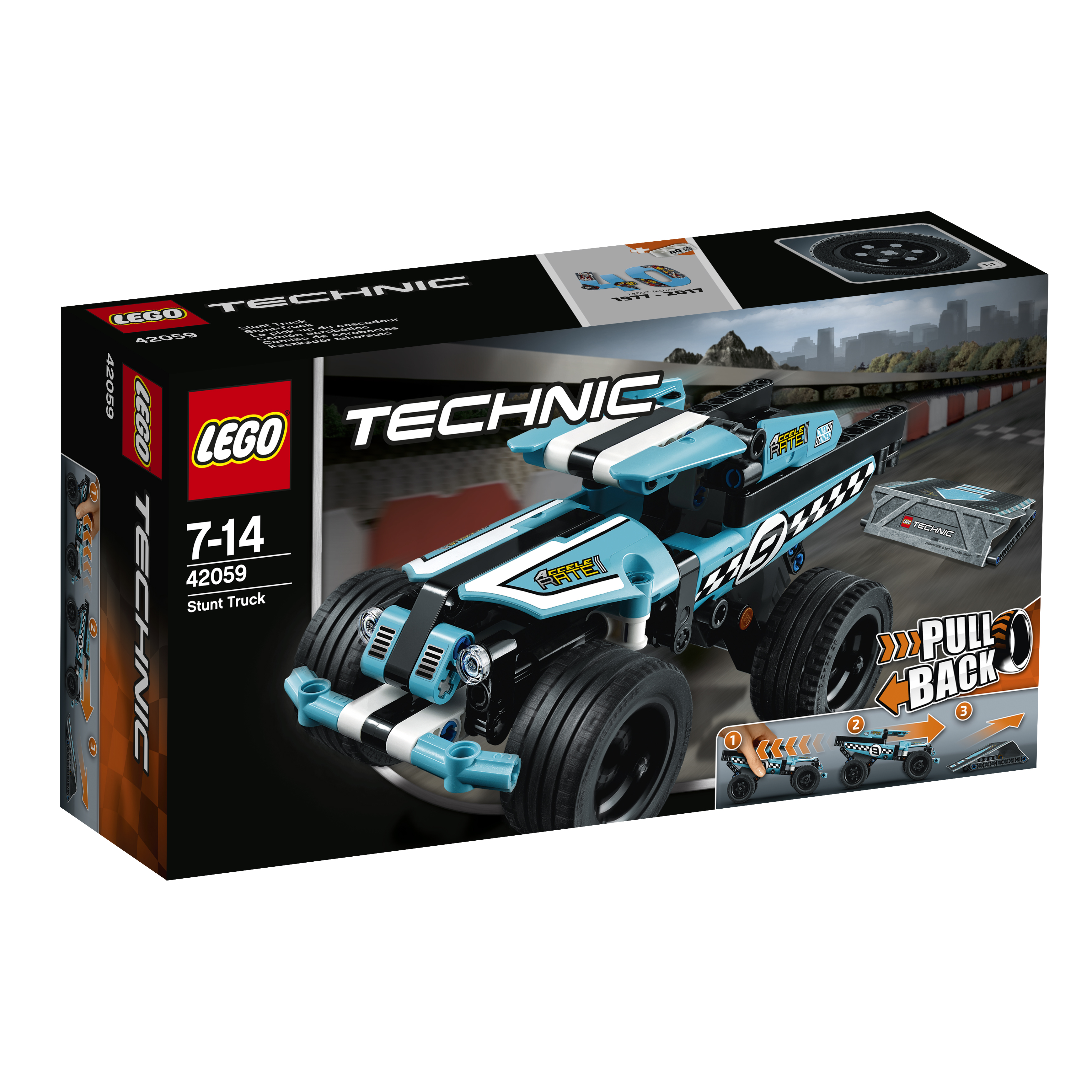 Zestaw Lego Technic stunt truck. Zawiera niebiesko-czarną ciężarówkę z dużymi kołami, demonstrującą działanie pull-back.