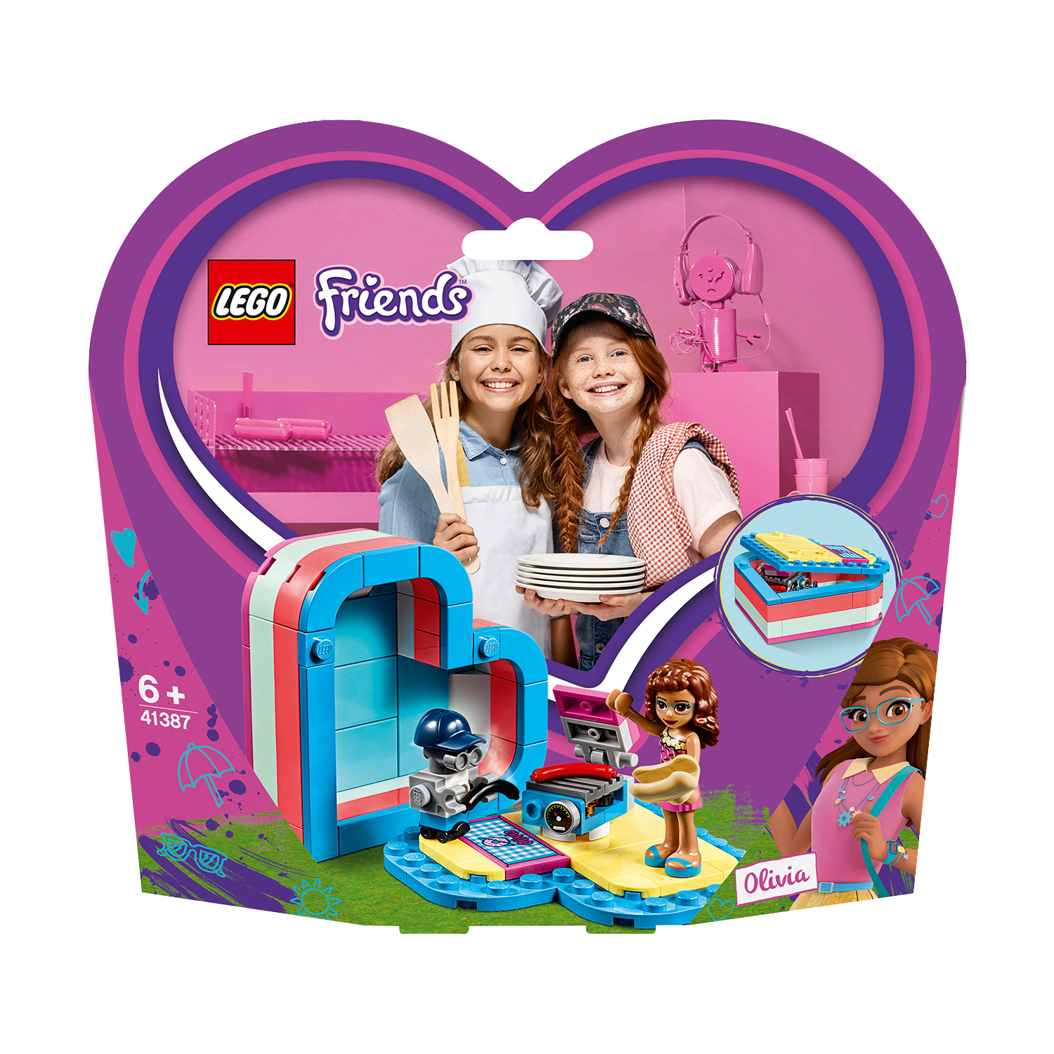 Lego Friends set met twee meisjes, een voedselkraam en een kleine Lego voedselwagen.