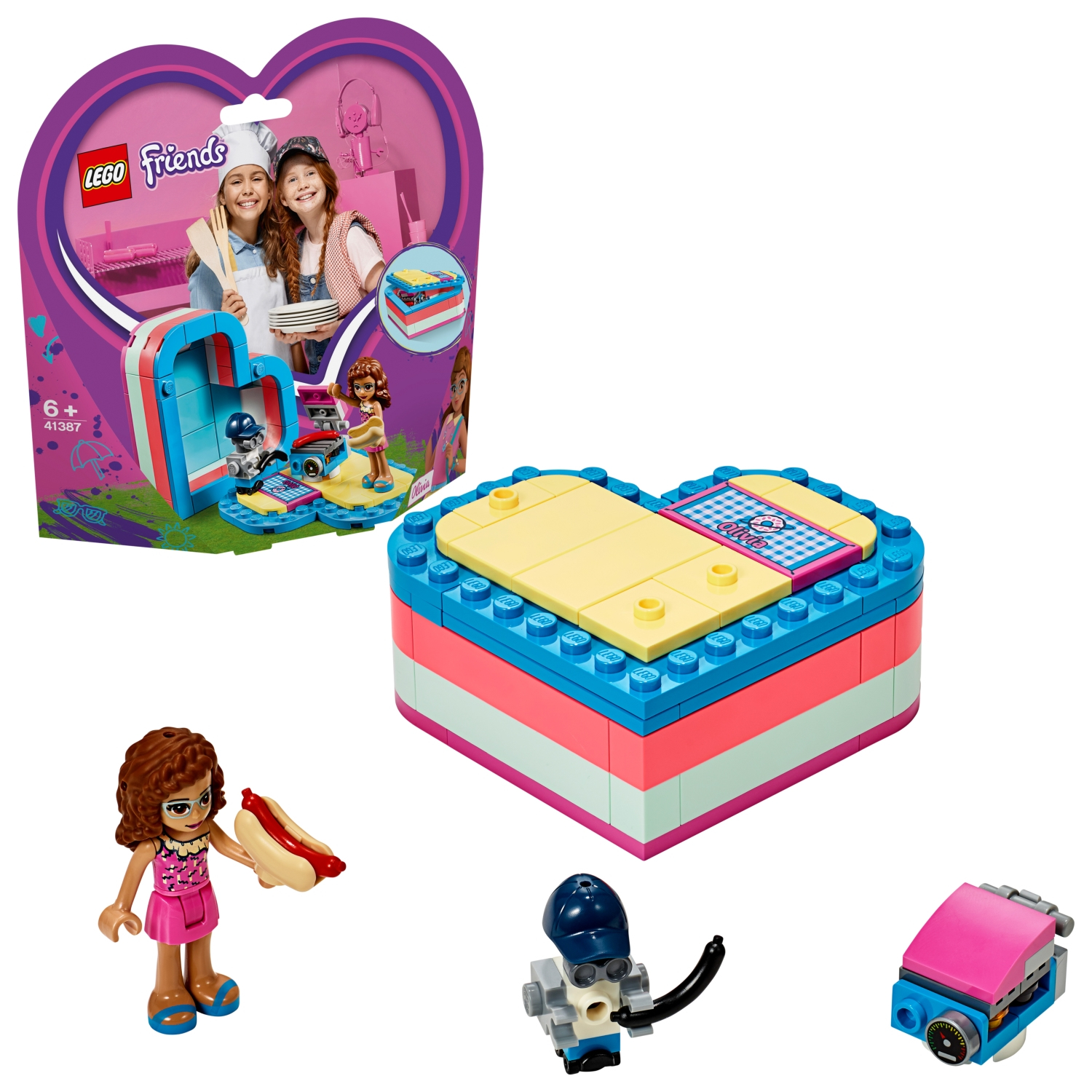 Een LEGO Friends set met een hartvormige doos, figuren en gerelateerde componenten.