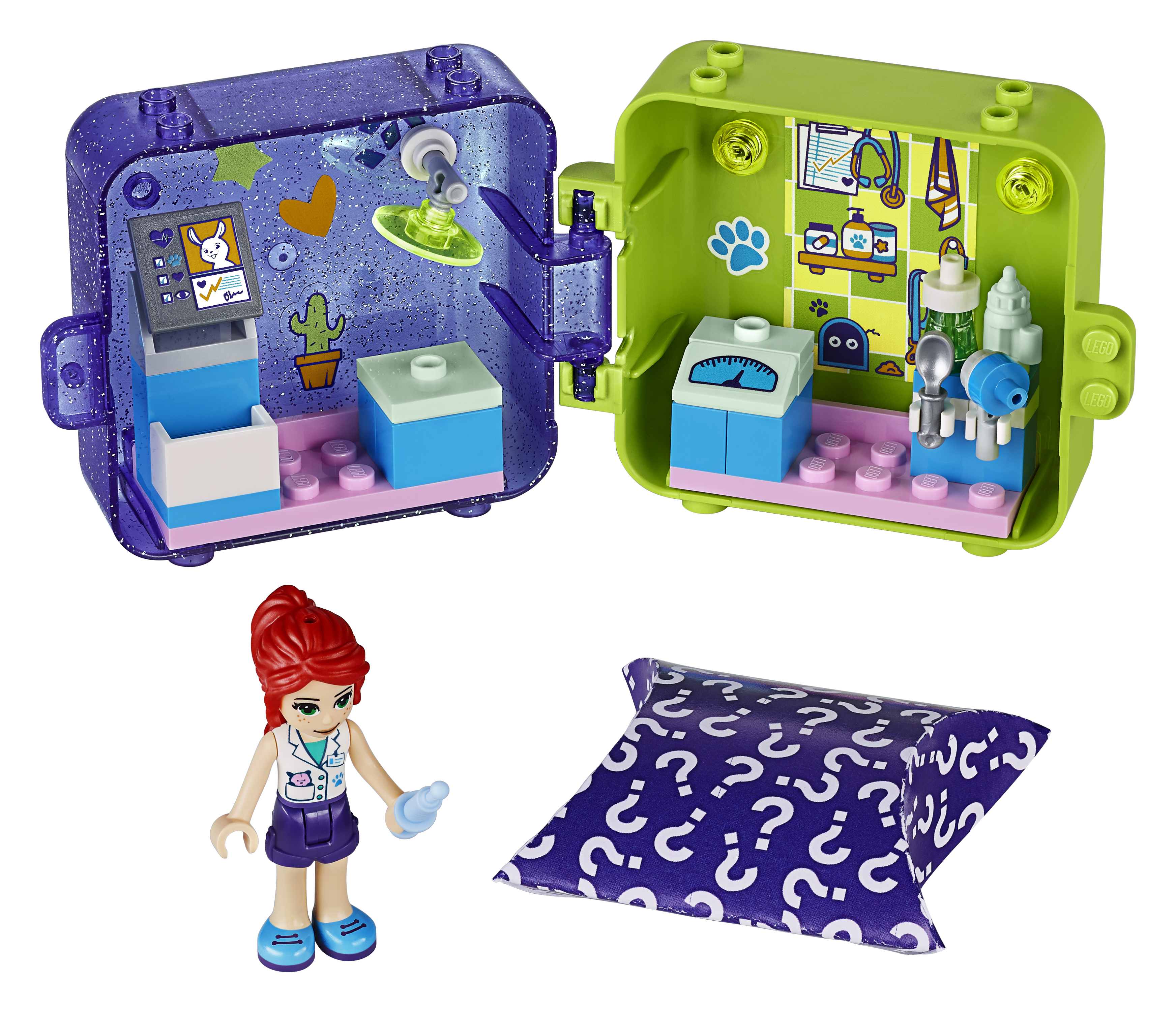 Set Lego Friends: scena veterinaria con custodia aperta, ragazza e regalo.