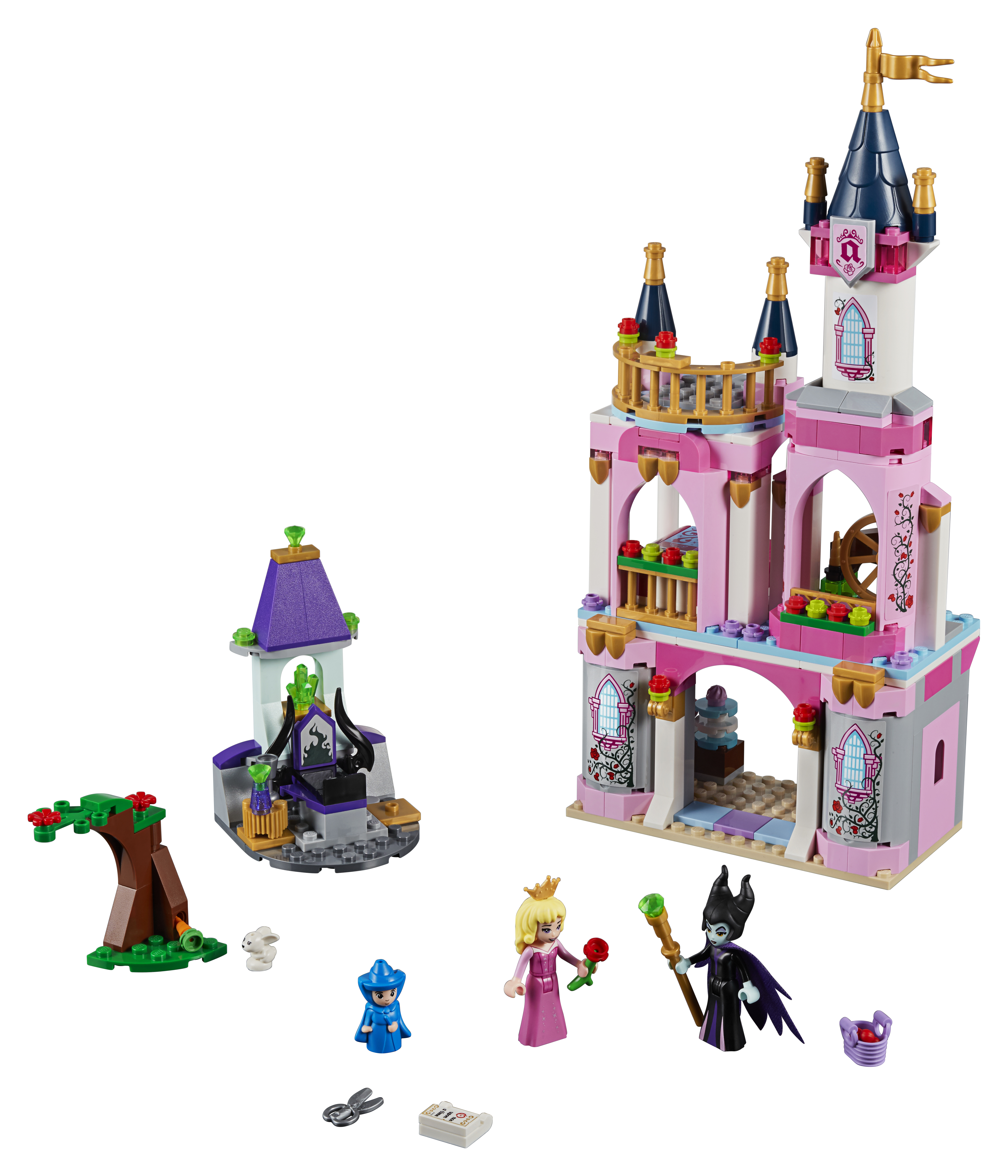Zamek i figurki Lego Disney Princess na białym tle.