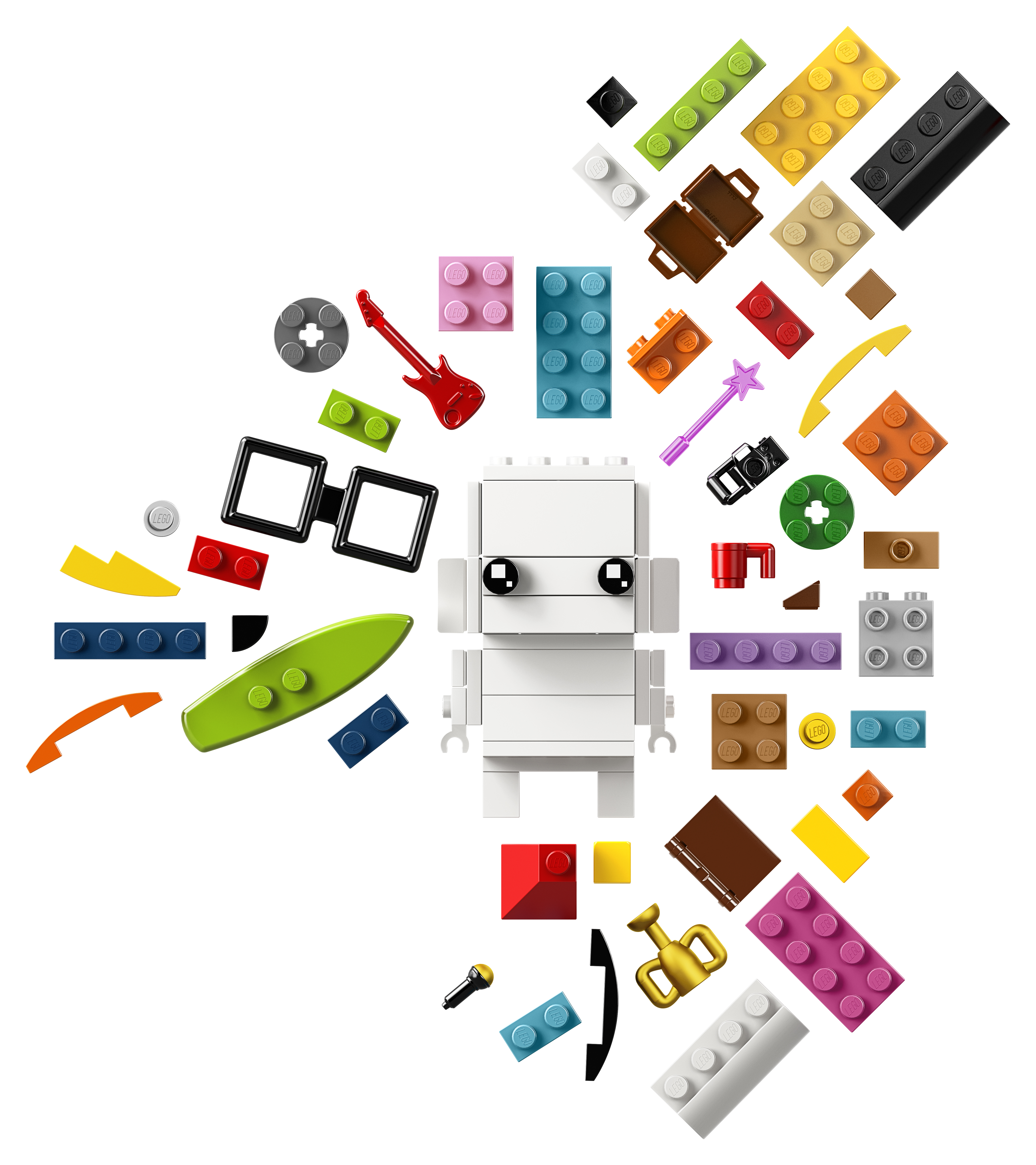 Minifigurka Lego otoczona różnymi klockami i akcesoriami Lego, w tym gitarą i okularami przeciwsłonecznymi.