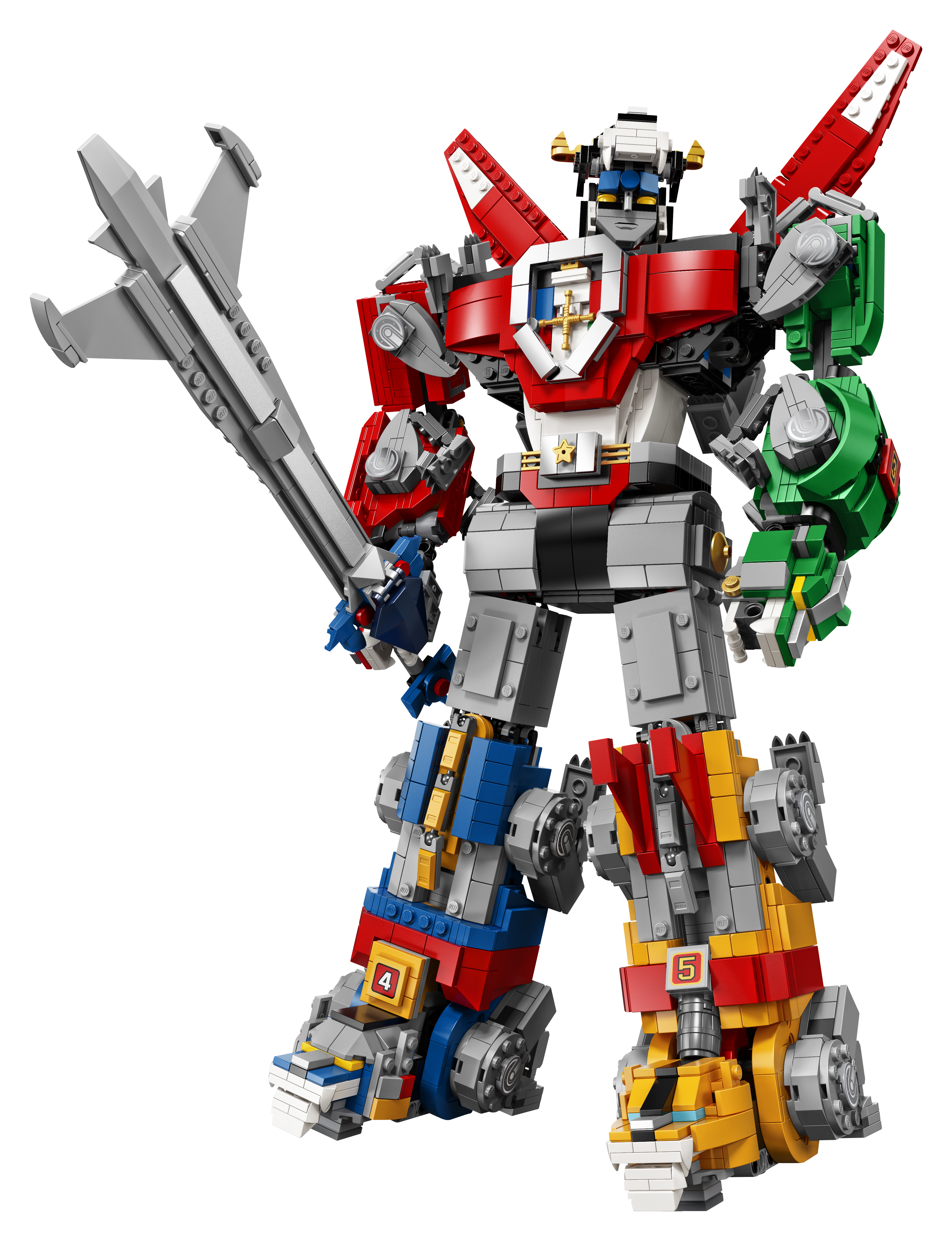 Zestaw Lego Voltron: Gigantyczny robot w kolorach czerwonym, niebieskim, zielonym i żółtym. Z mieczem.