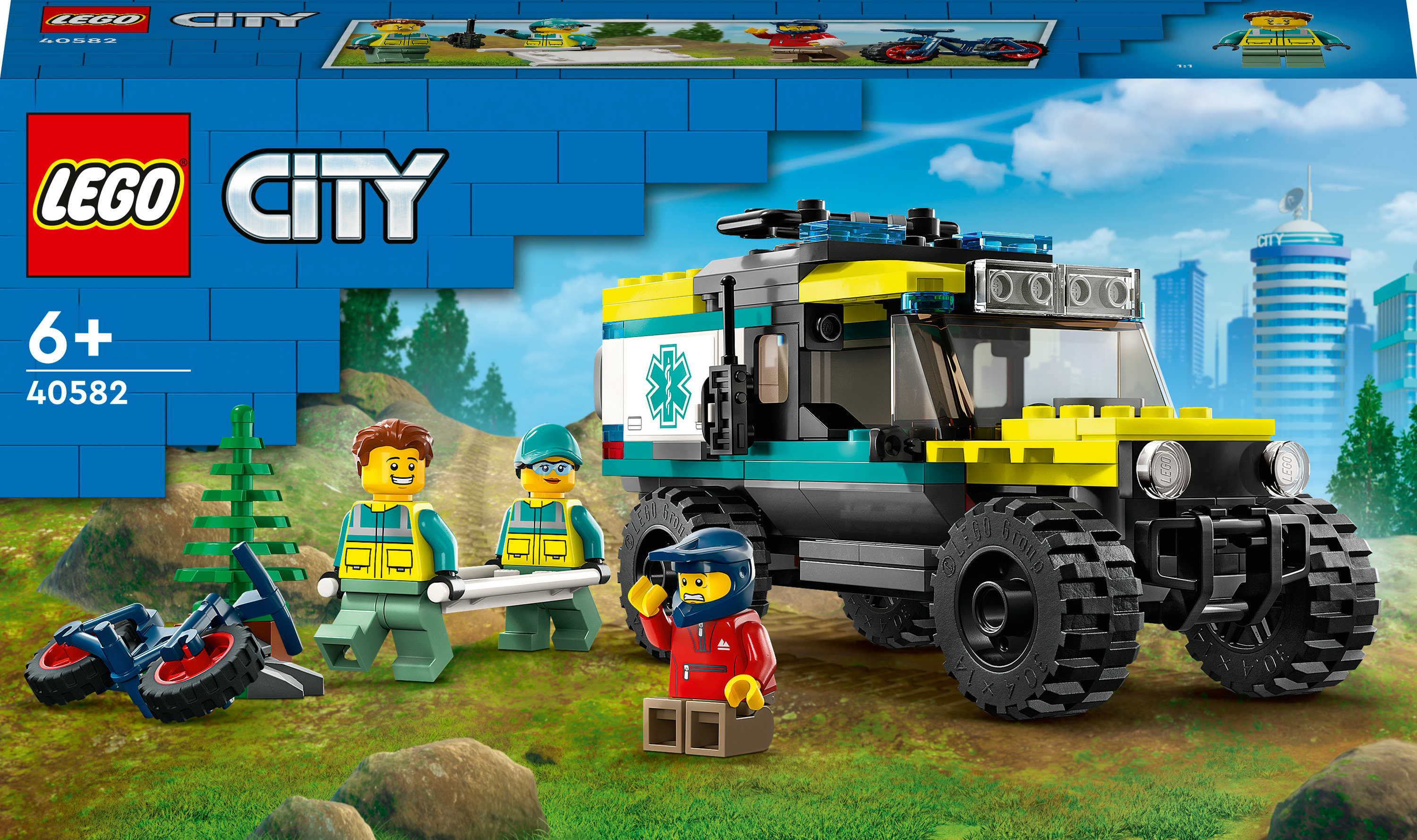Lego City seti: ambulans, sedye taşıyan insanlar ve enkaz.