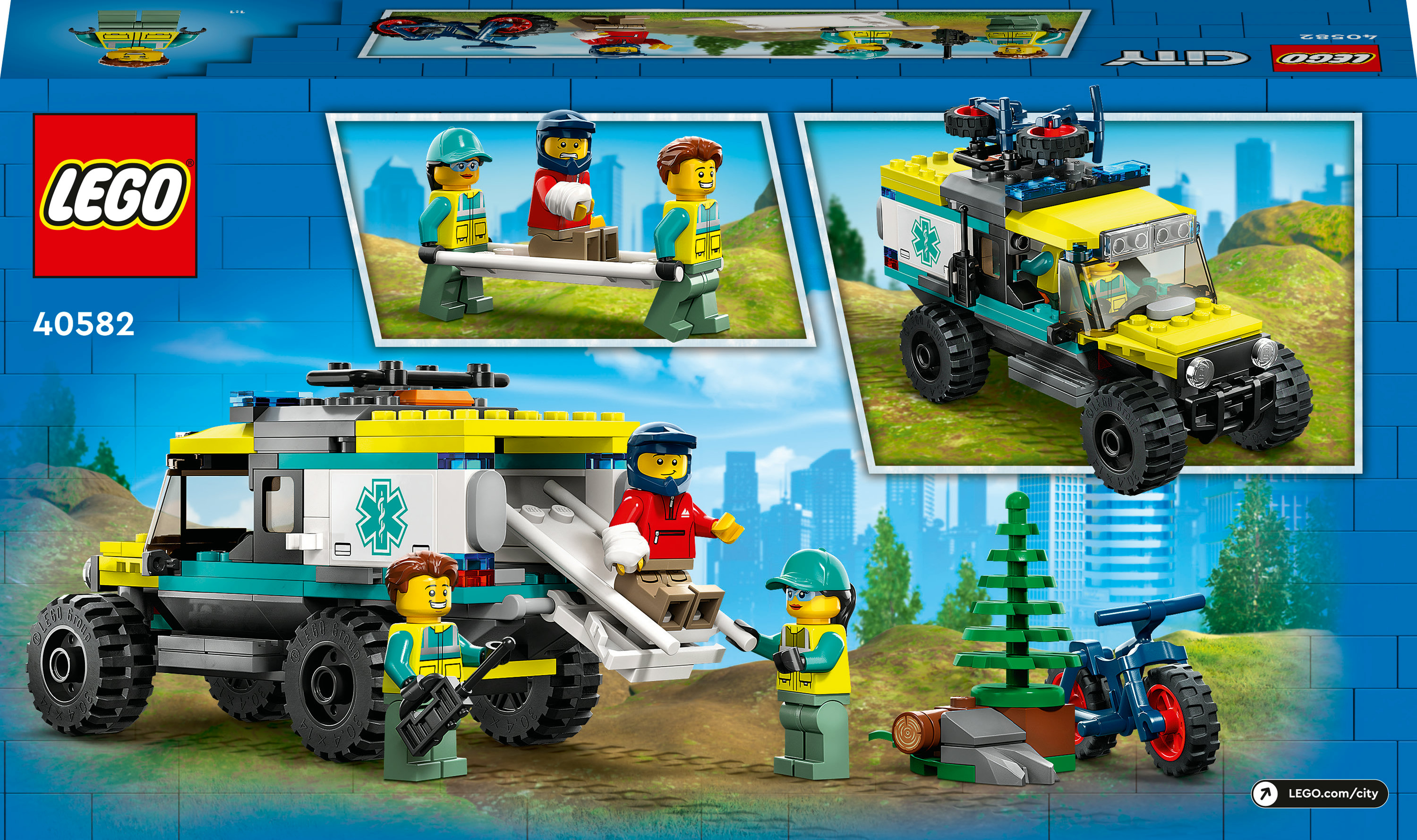 Bir ambulans, bir kurtarma aracı ve çeşitli mini figürlerle Lego City seti. Sahne bir orman ortamında.