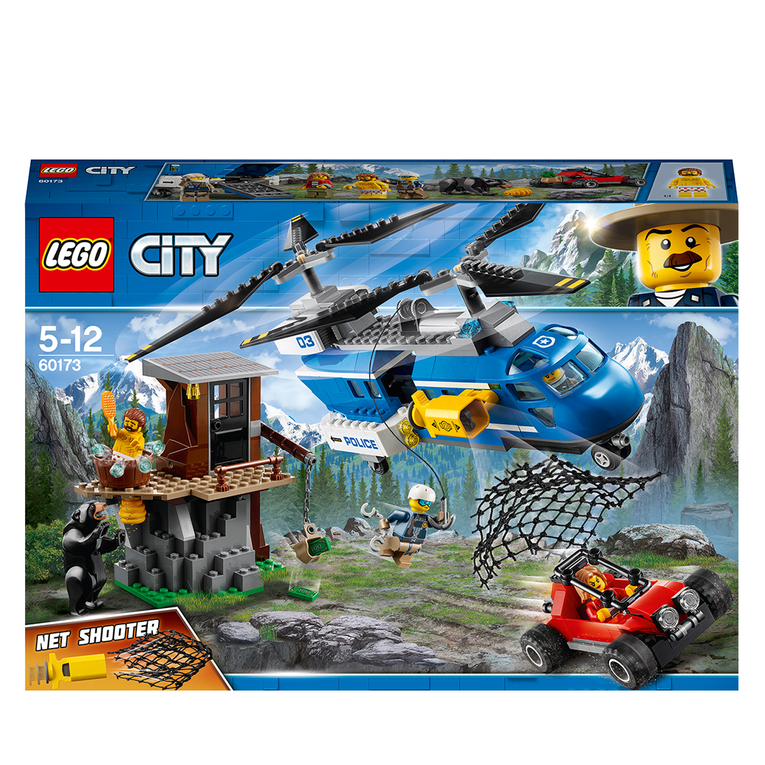 LEGO City set met een politiehelikopter en een rode buggy.