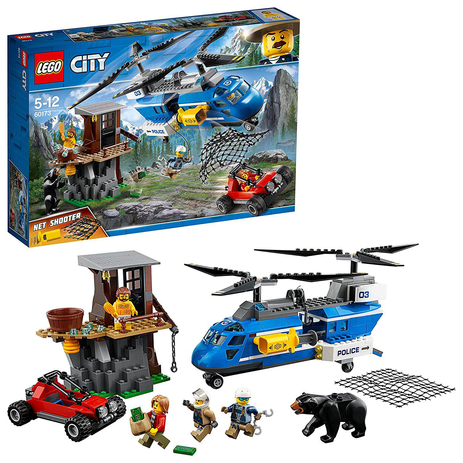 LEGO City set met een helikopter, rode auto, beer en figuren. Een net wordt afgevuurd vanaf de helikopter.