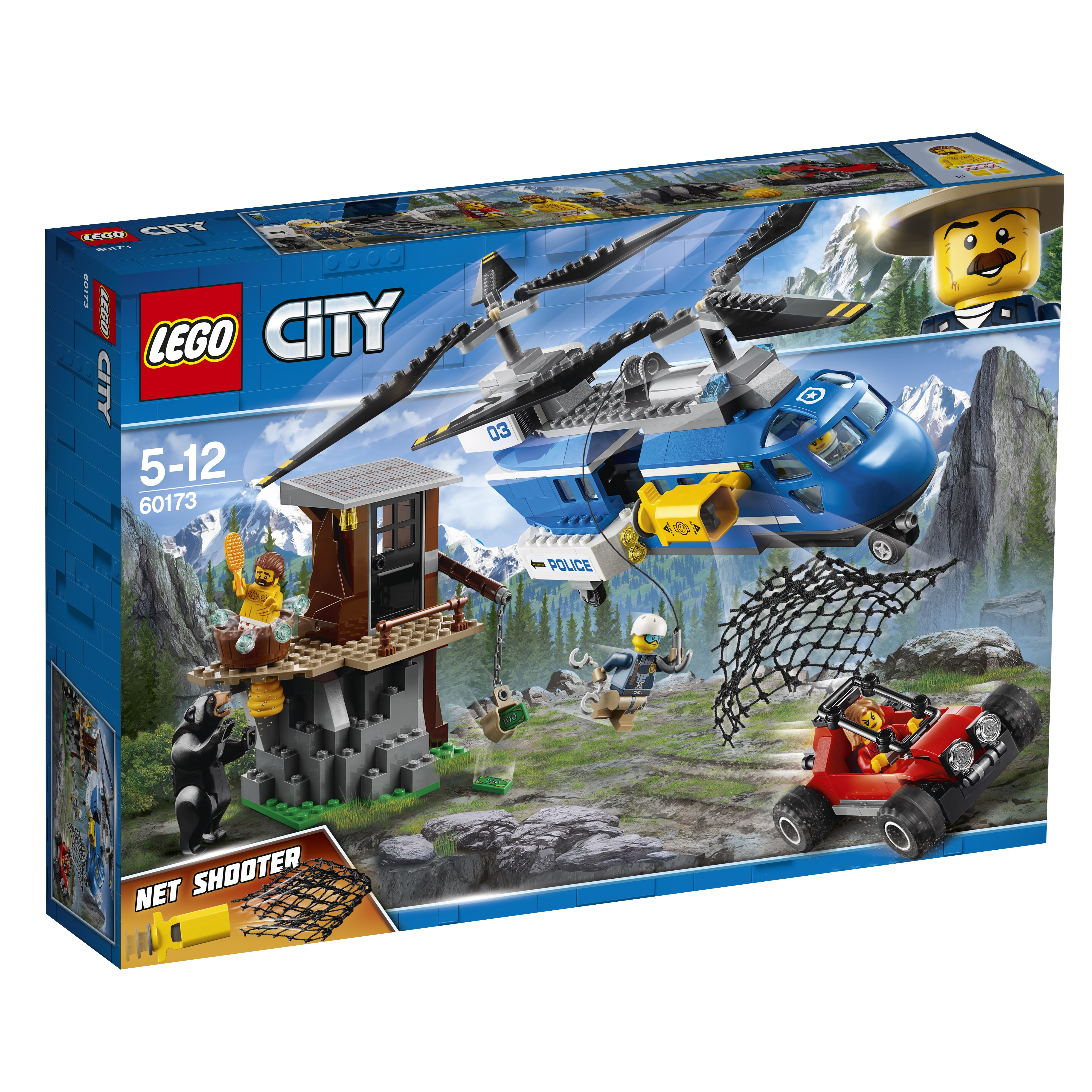LEGO City politie set met een helikopter, een gevangenis en een rode ATV. Inclusief personages en netwerper.