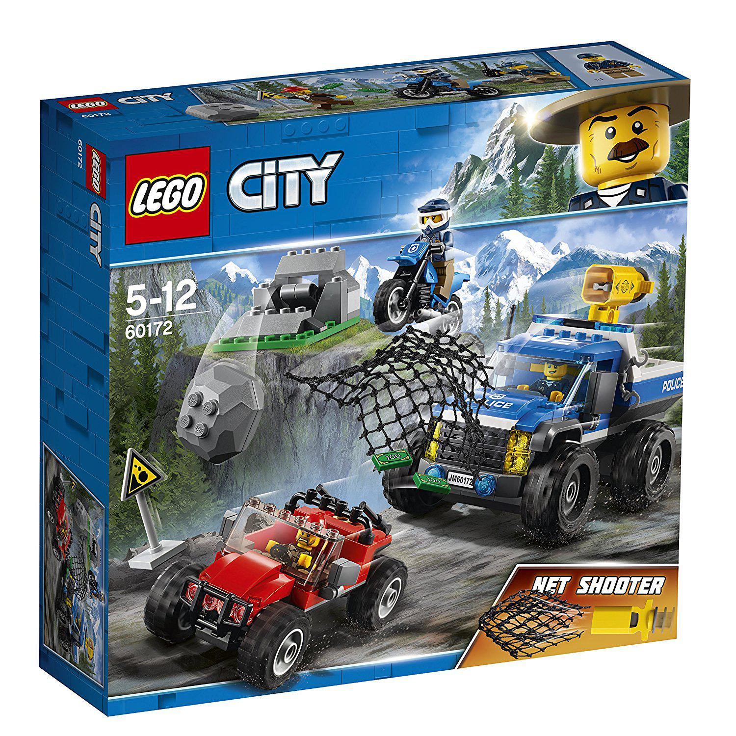 Zestaw LEGO City policja z ciężarówką, ATV i wyrzutnią siatki. Pudełko pokazuje postacie i scenę pościgu.