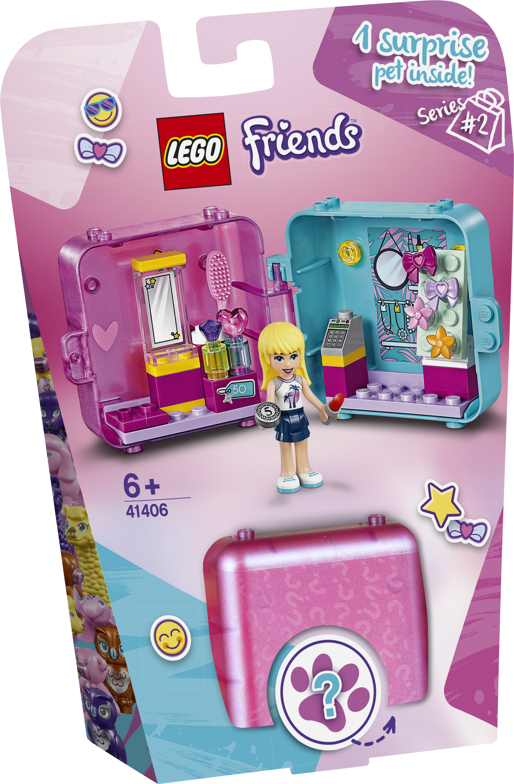Zestaw LEGO Friends, otwarta różowa walizka, pokazująca figurkę i akcesoria.