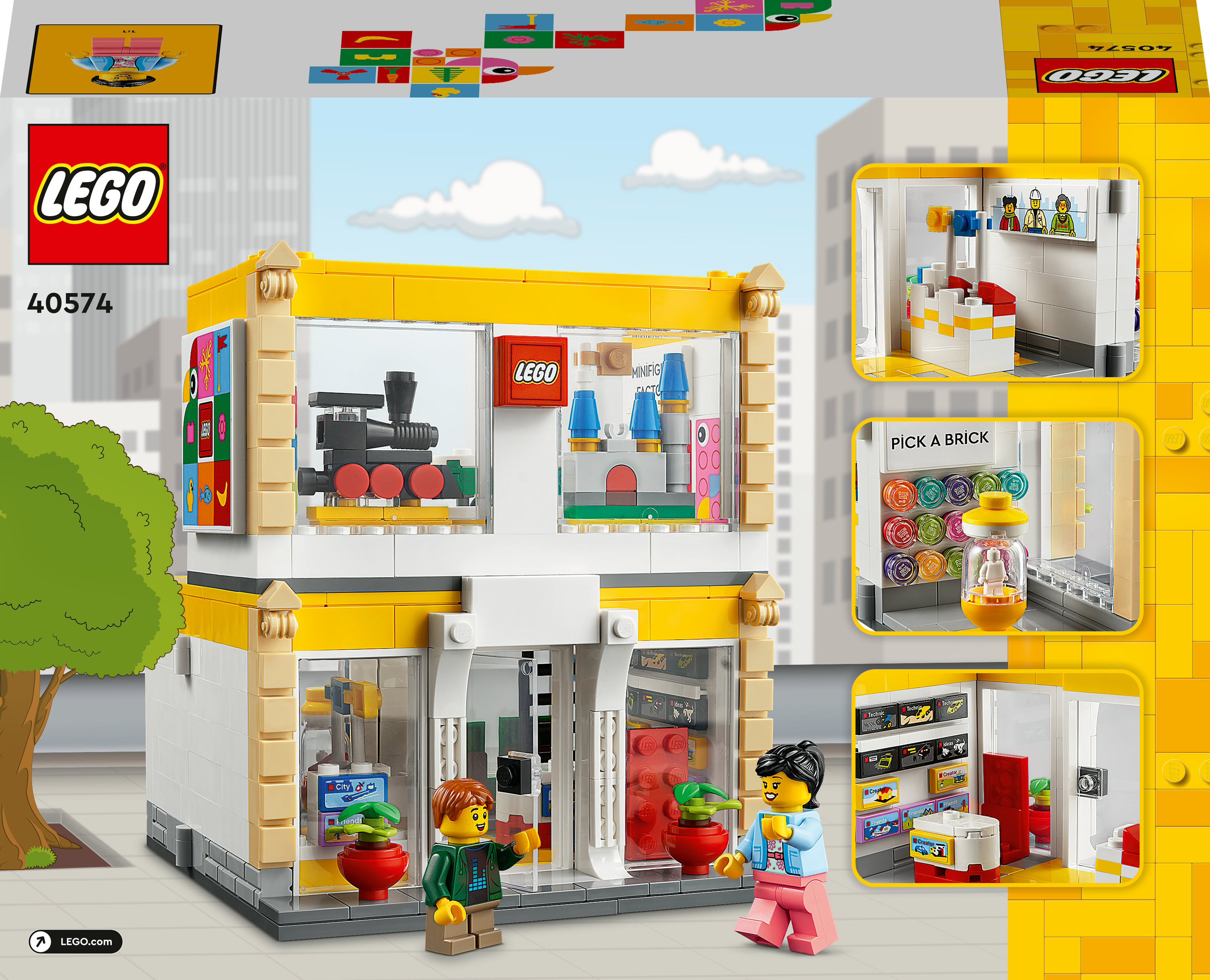 Set negozio LEGO, un edificio a due piani con logo LEGO. Presenta un'esposizione e due minifigure.