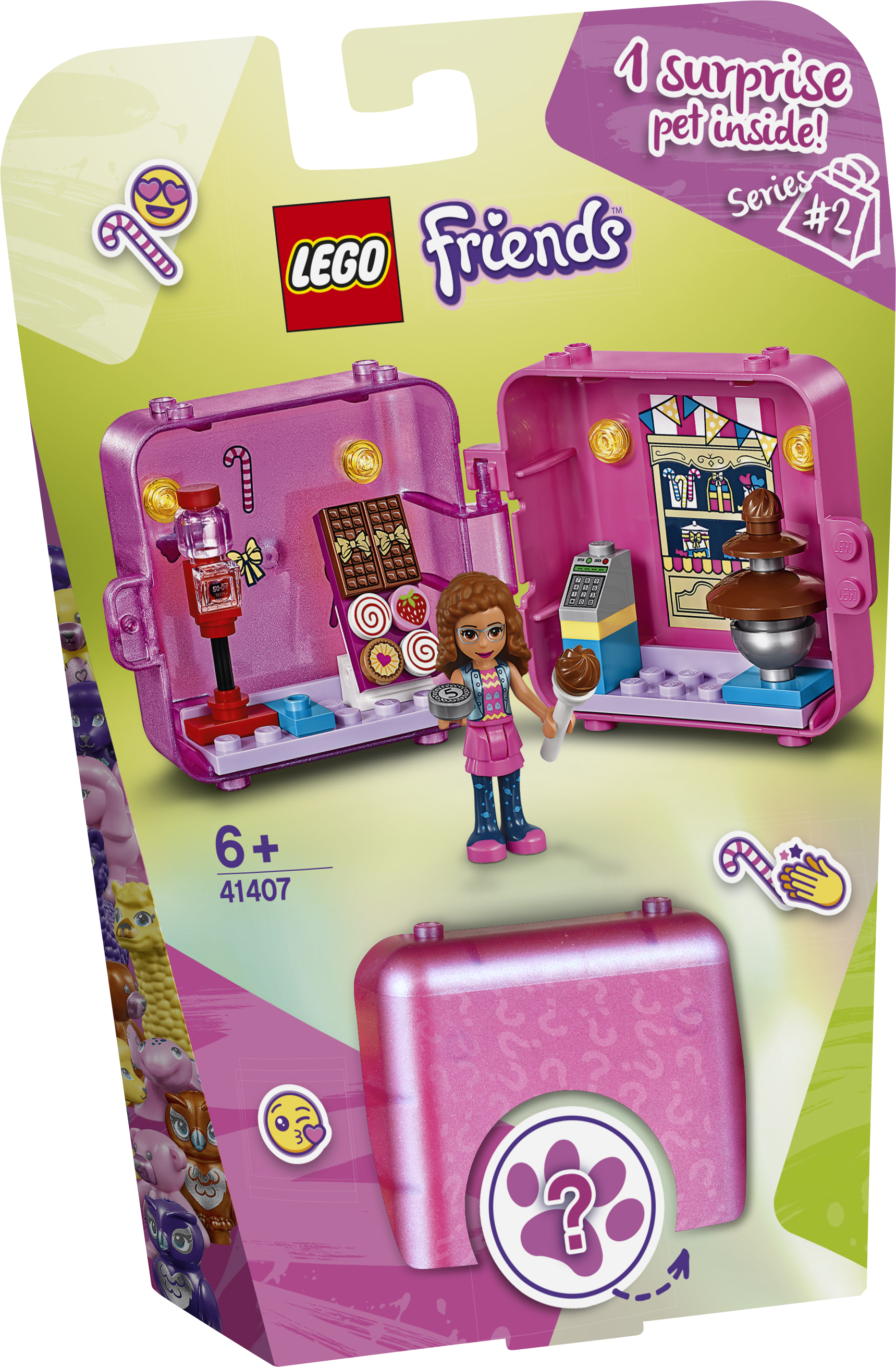 Lego Friends seti: Mia figürü ve evcil hayvan temalı aksesuarlarla pembe bir taşıma çantası.