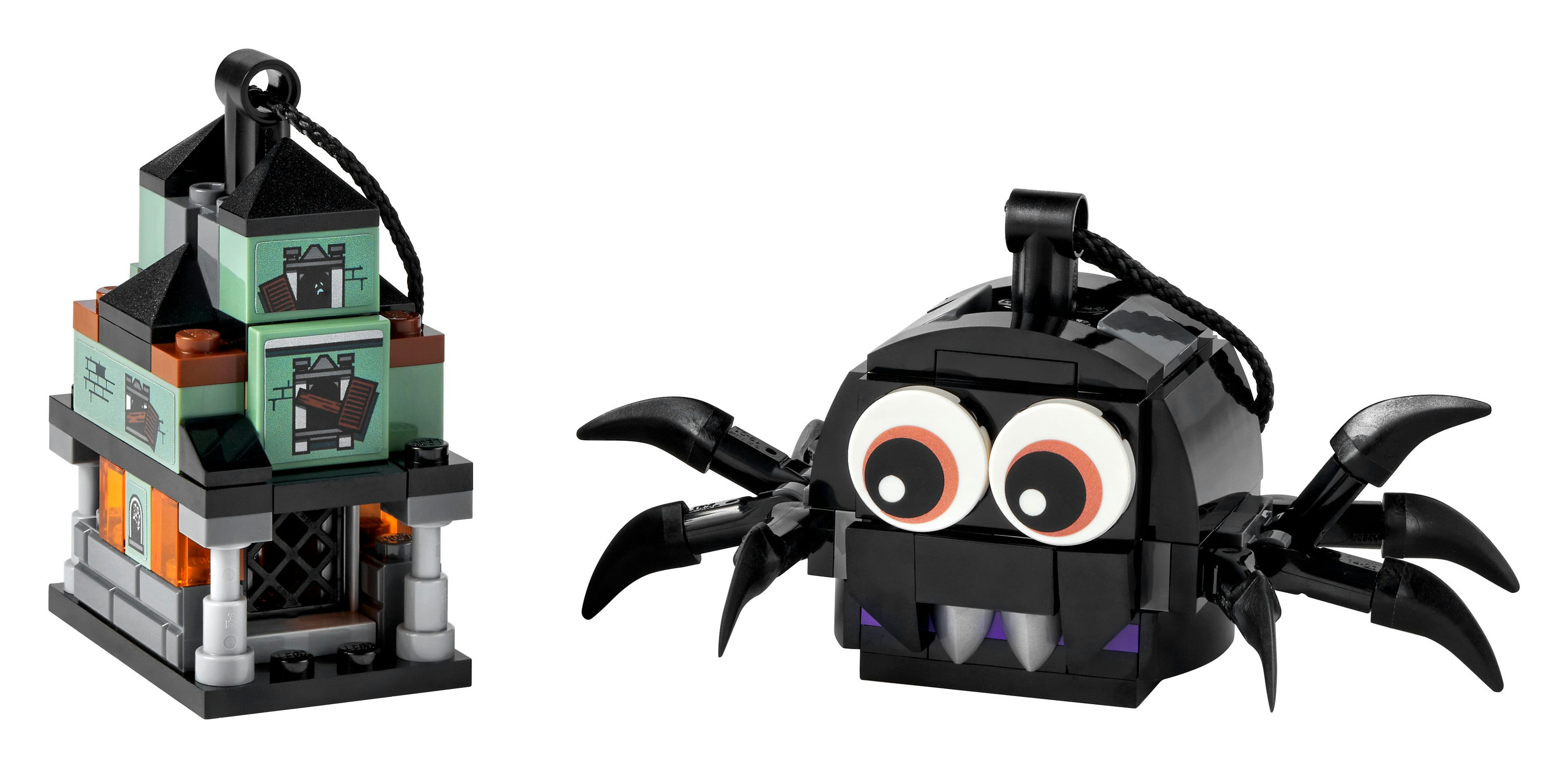 Set Lego Halloween. Una casa infestata e un ragno. Entrambi sono fatti di mattoncini Lego.