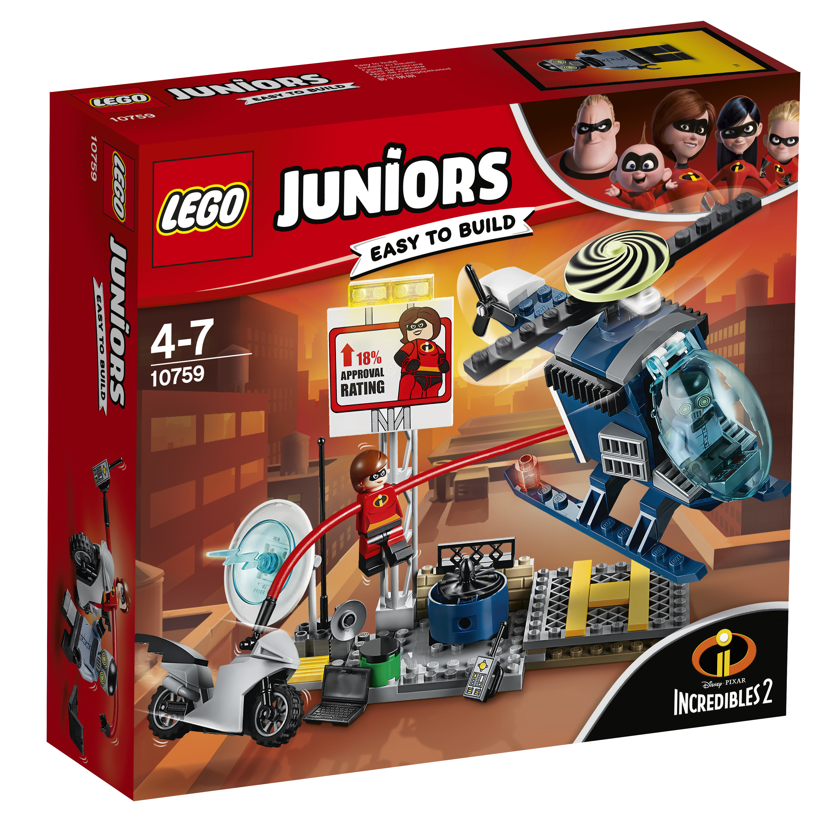 Set Lego Juniors: scena Incredibili, elicottero e moto, con scatola.