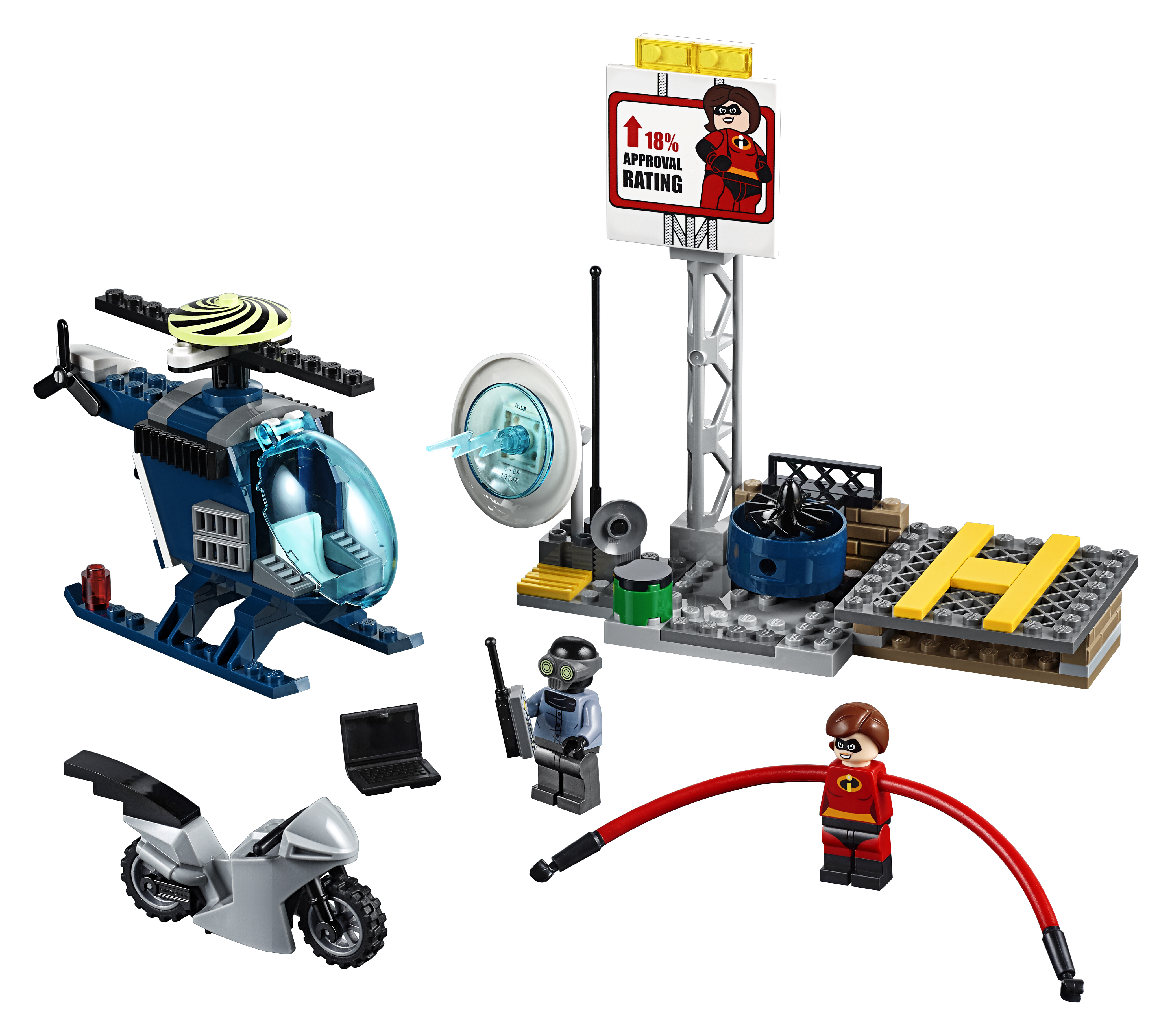 Set Lego con elicottero, personaggi, moto e cartello con scritto "18% di approvazione".