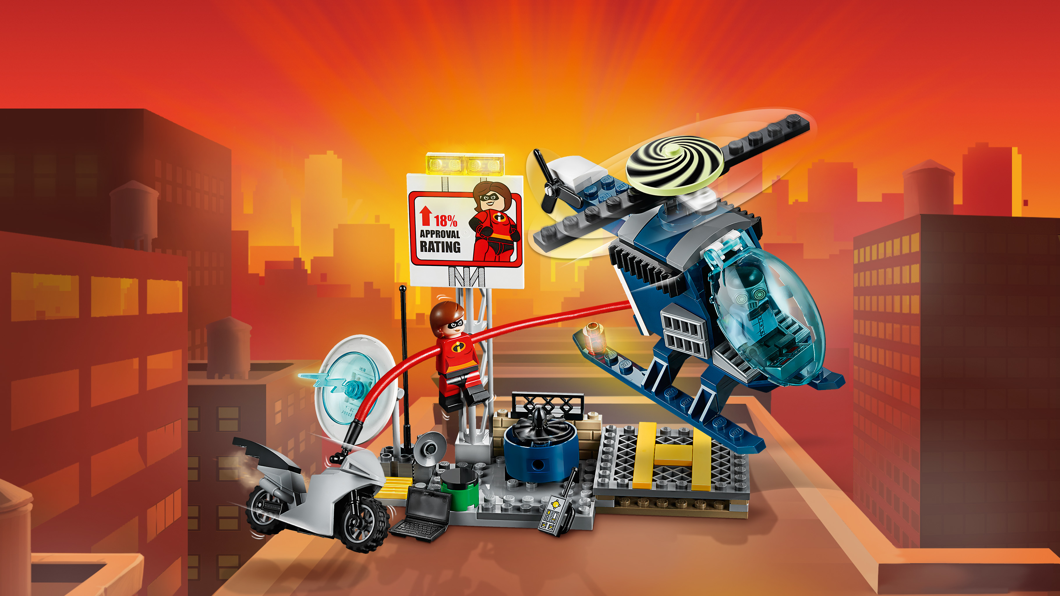 Set LEGO Incredibles con un elicottero e una moto.