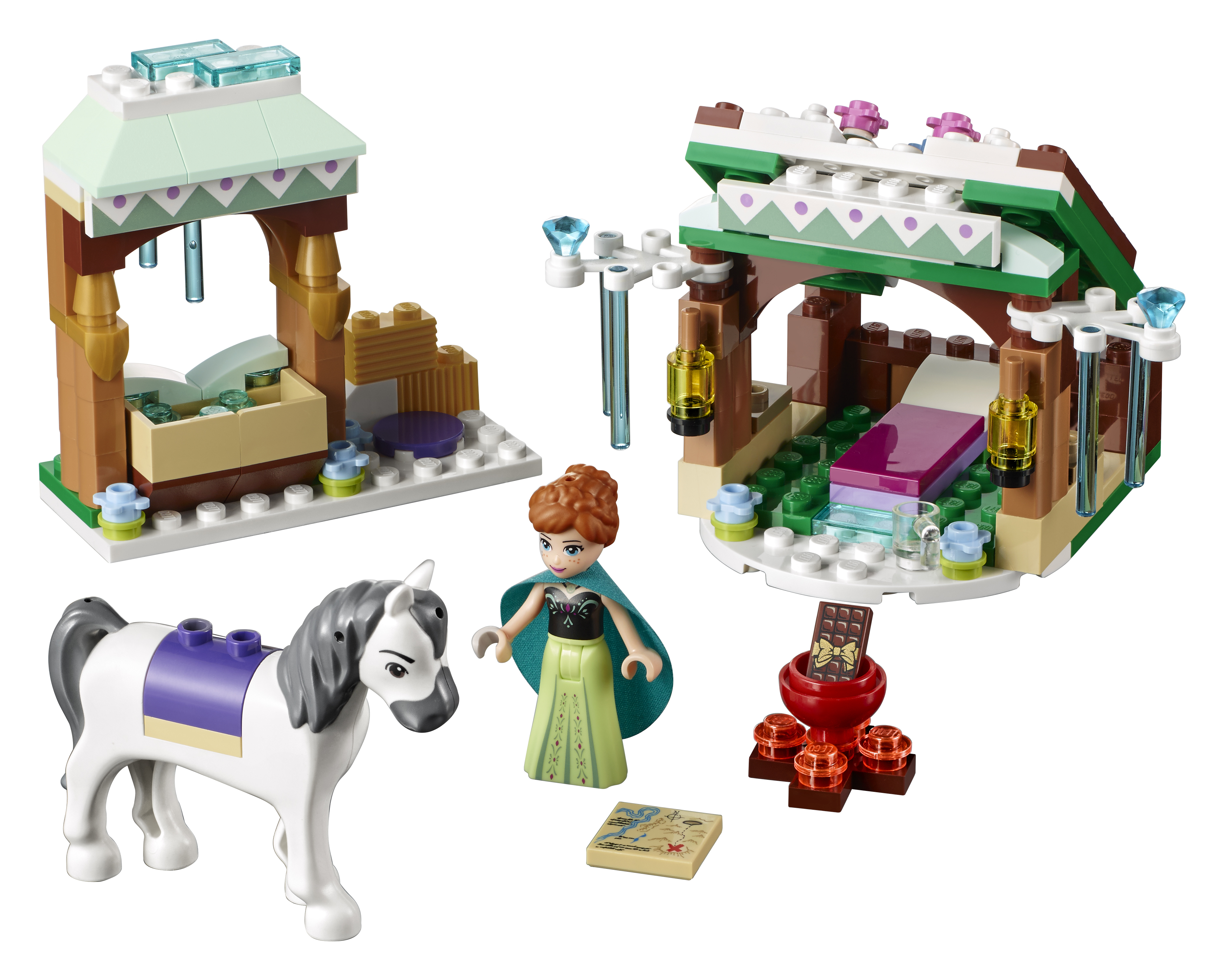 Set LEGO Frozen con Anna, un cavallo e edifici.
