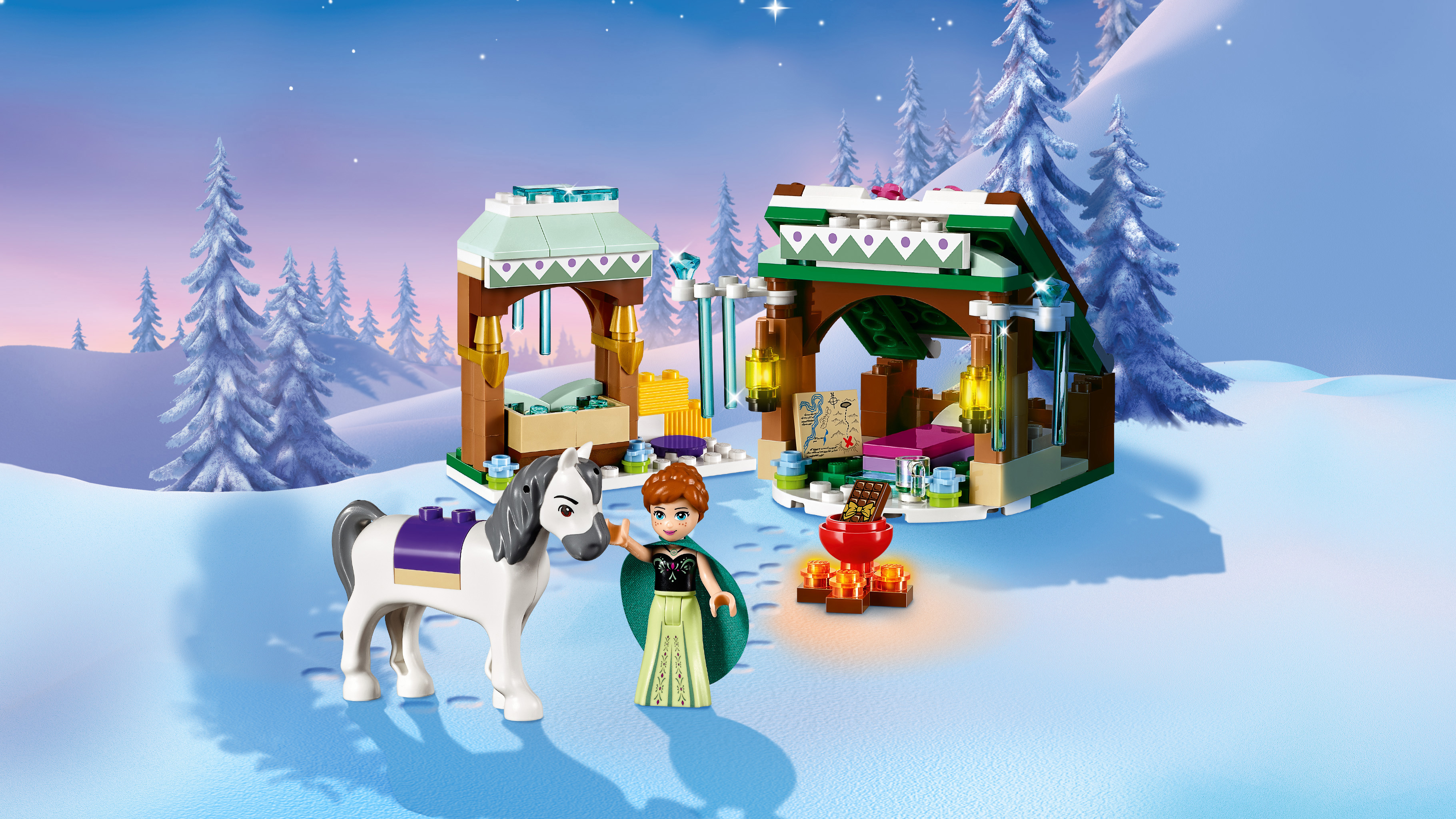 Set Lego: Anna e un cavallo in una scena innevata, edifici e un falò.