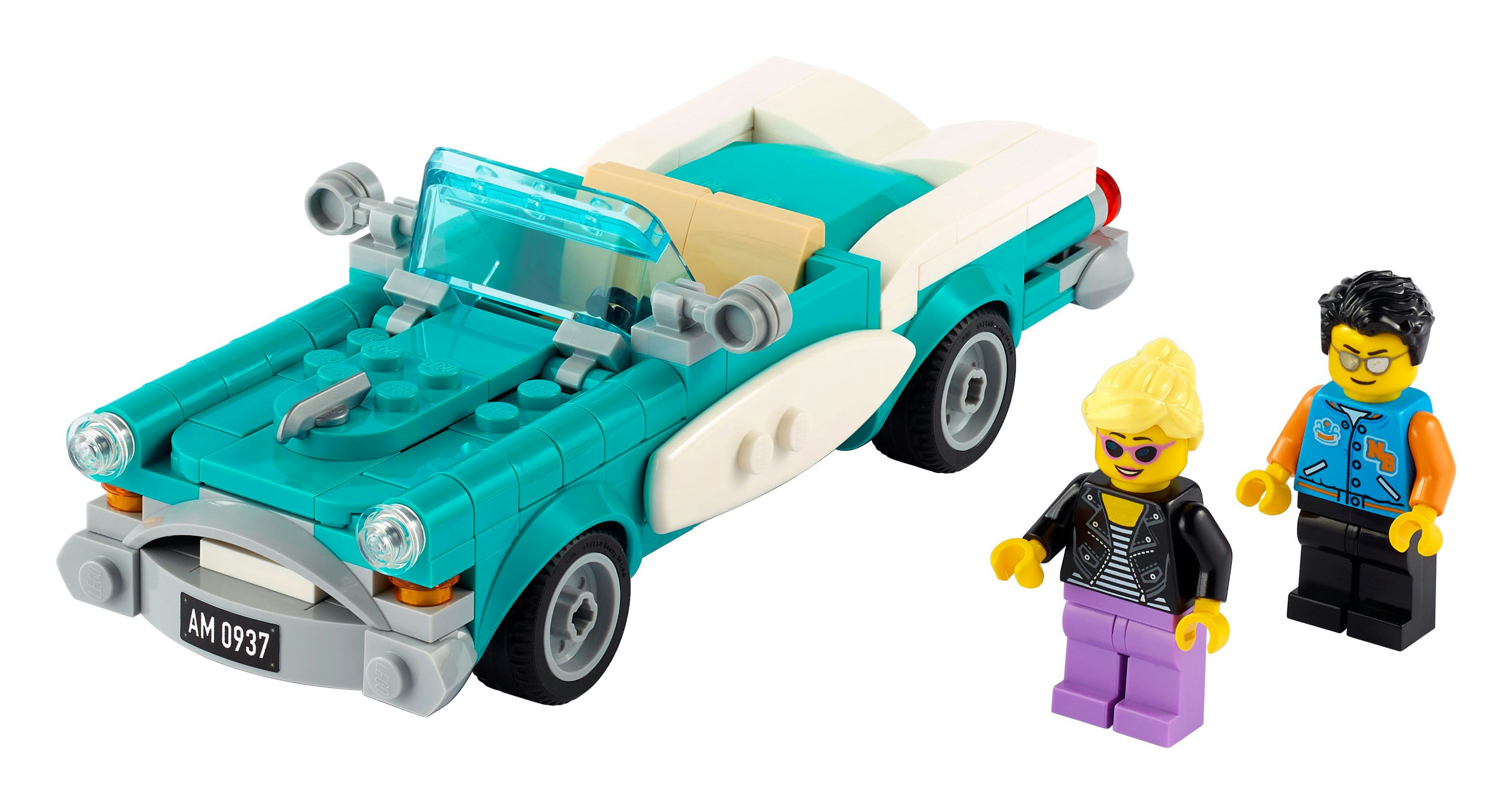 A Lego car and two minifigures. The car is teal with a white top. Two minifigures stand nearby.