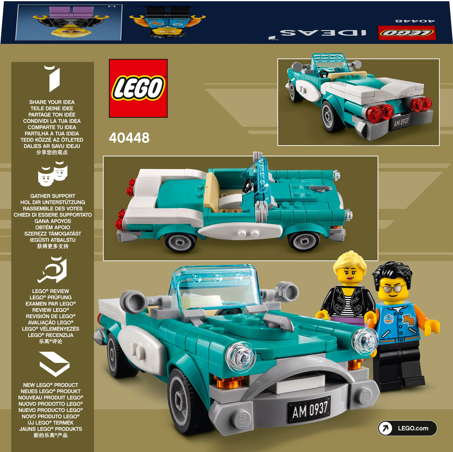 A Lego Ideas set with a teal and white classic car, and minifigures.