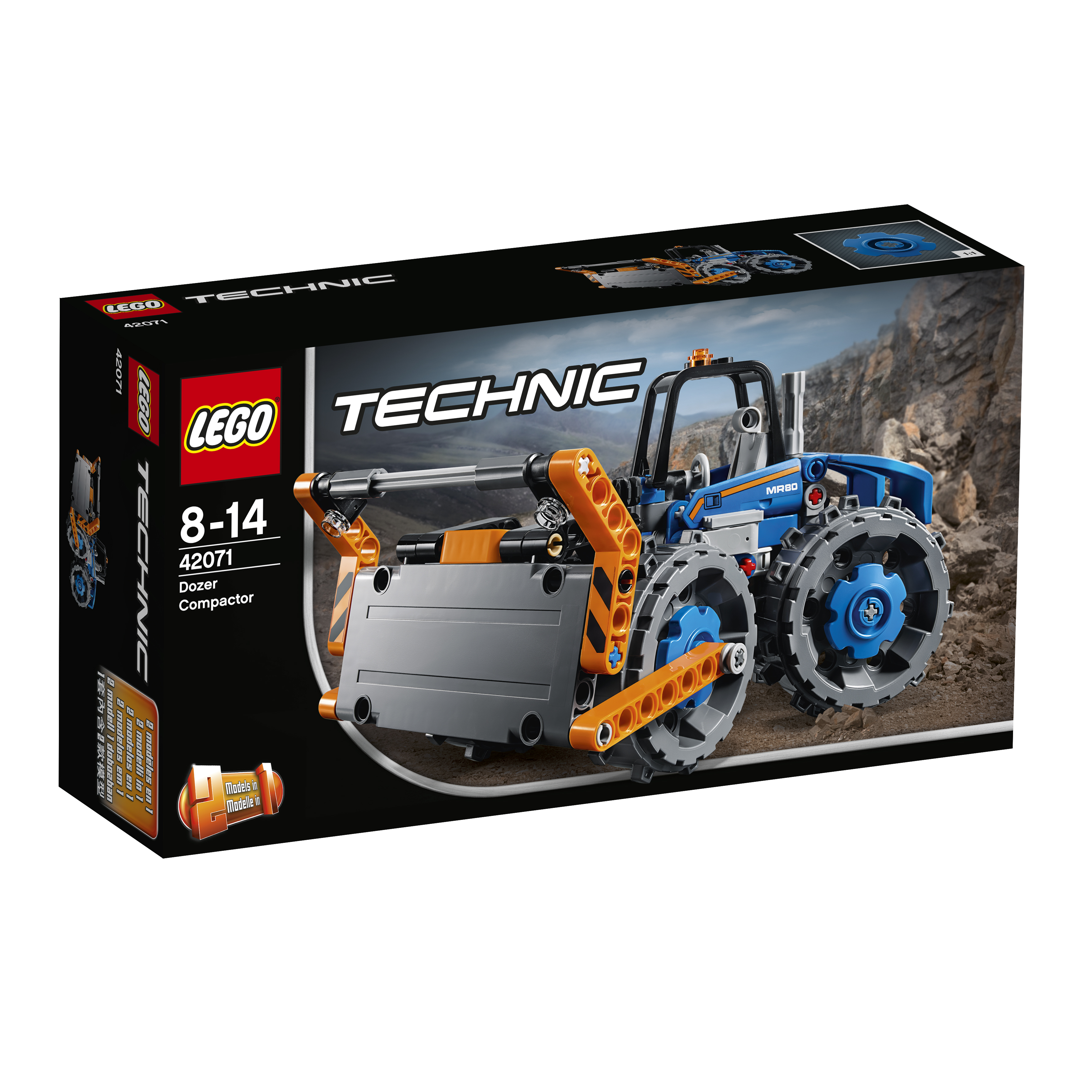 Zestaw Lego Technic Dozer Compactor. Pudełko przedstawia zabawkę zagęszczarkę z pomarańczowymi i niebieskimi detalami.