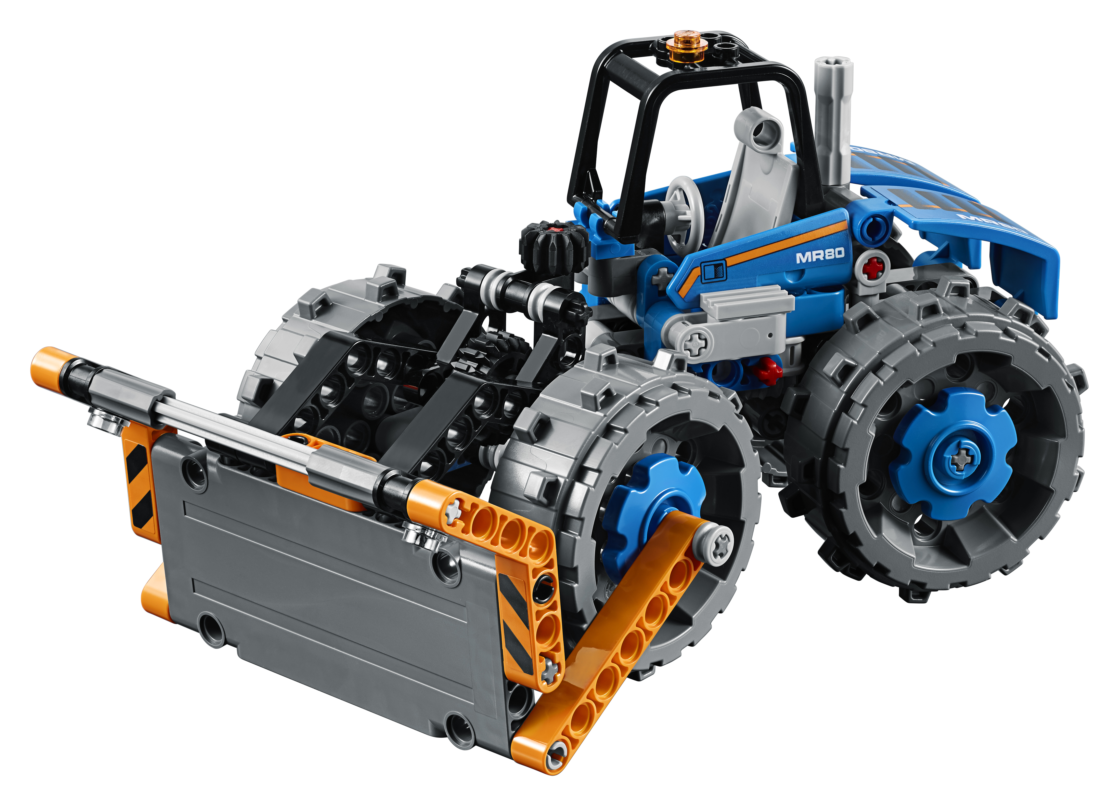 Model spycharki Lego Technic, z szarymi, niebieskimi i pomarańczowymi częściami.