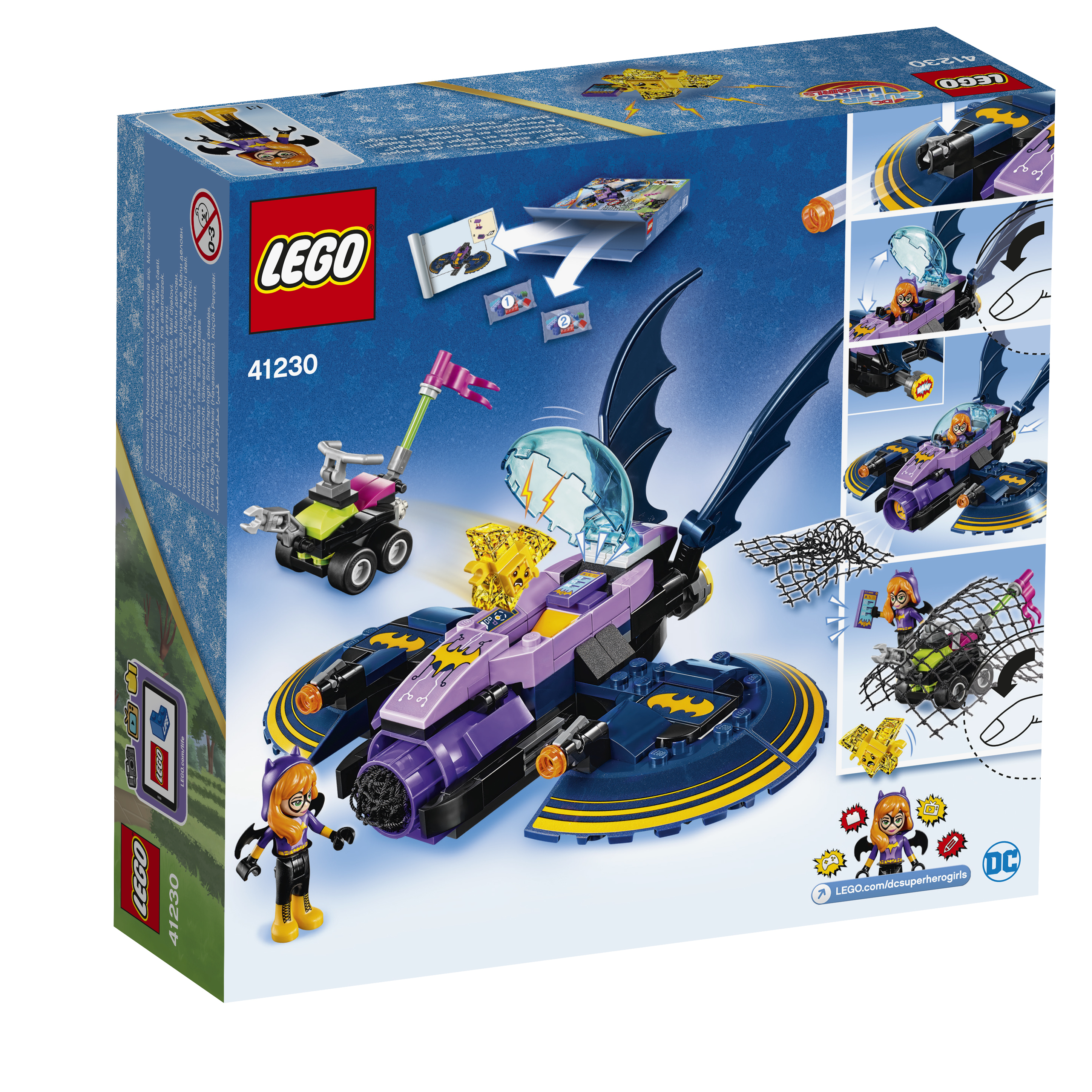 Scatola Lego Super Hero Girls: Un veicolo di Batgirl, personaggi e uno sfondo cittadino.