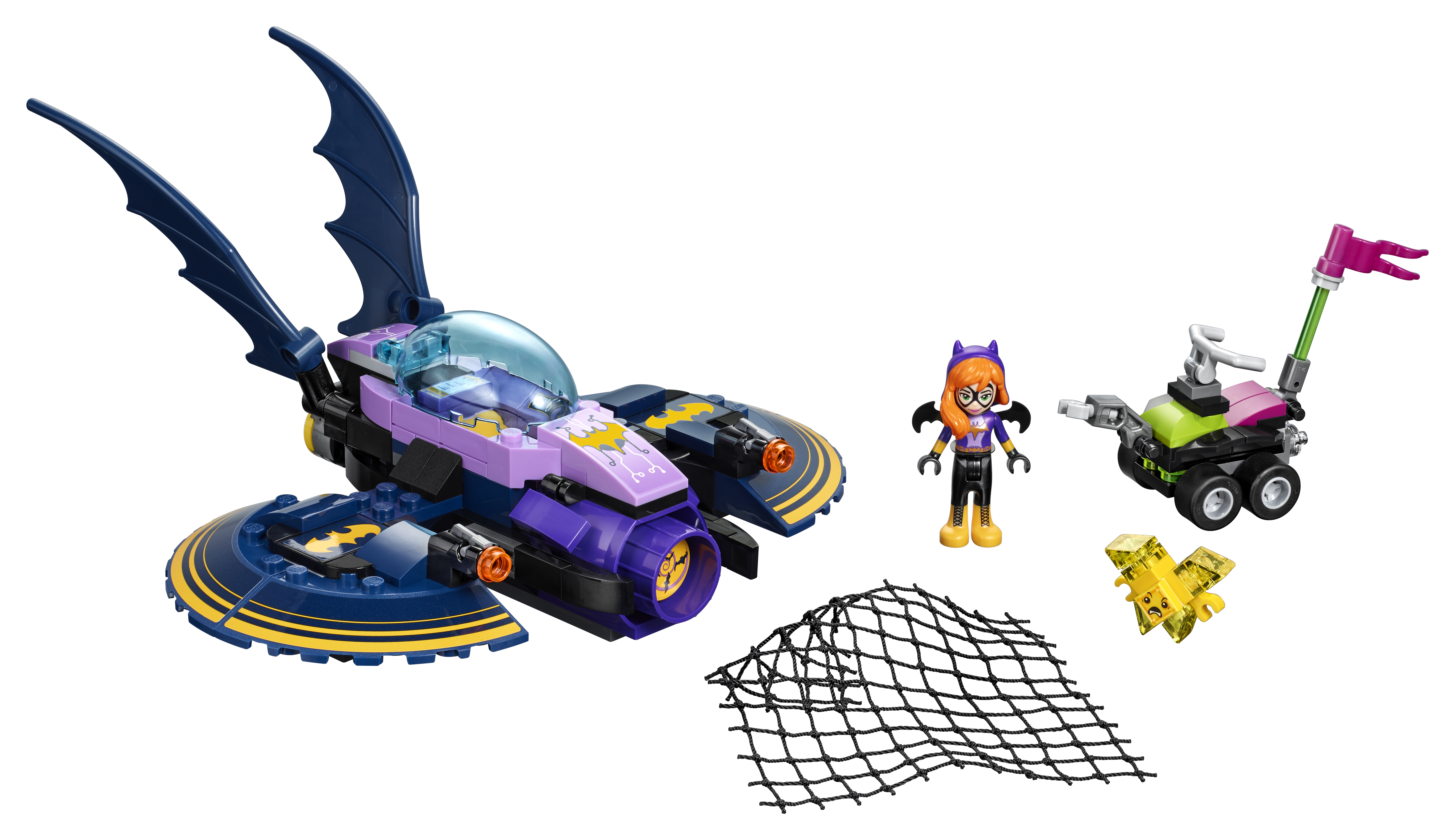 Set Lego: veicolo simile al Batwing, personaggio di Batgirl, carrello, rete e pezzo giallo a forma di stella.